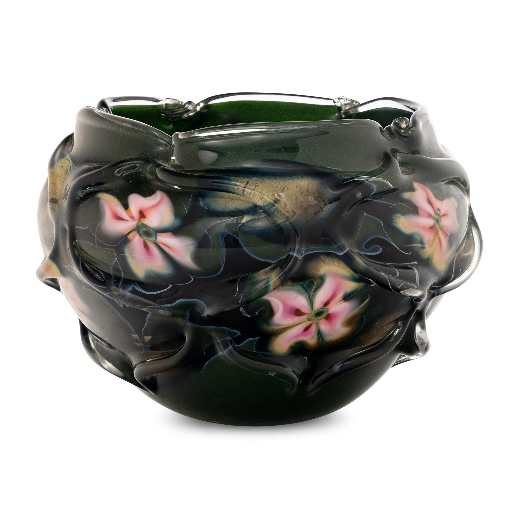 attributed to Daniel Lotton (American, b. 1963) — Bowl, Green Caged with Pink Flowers