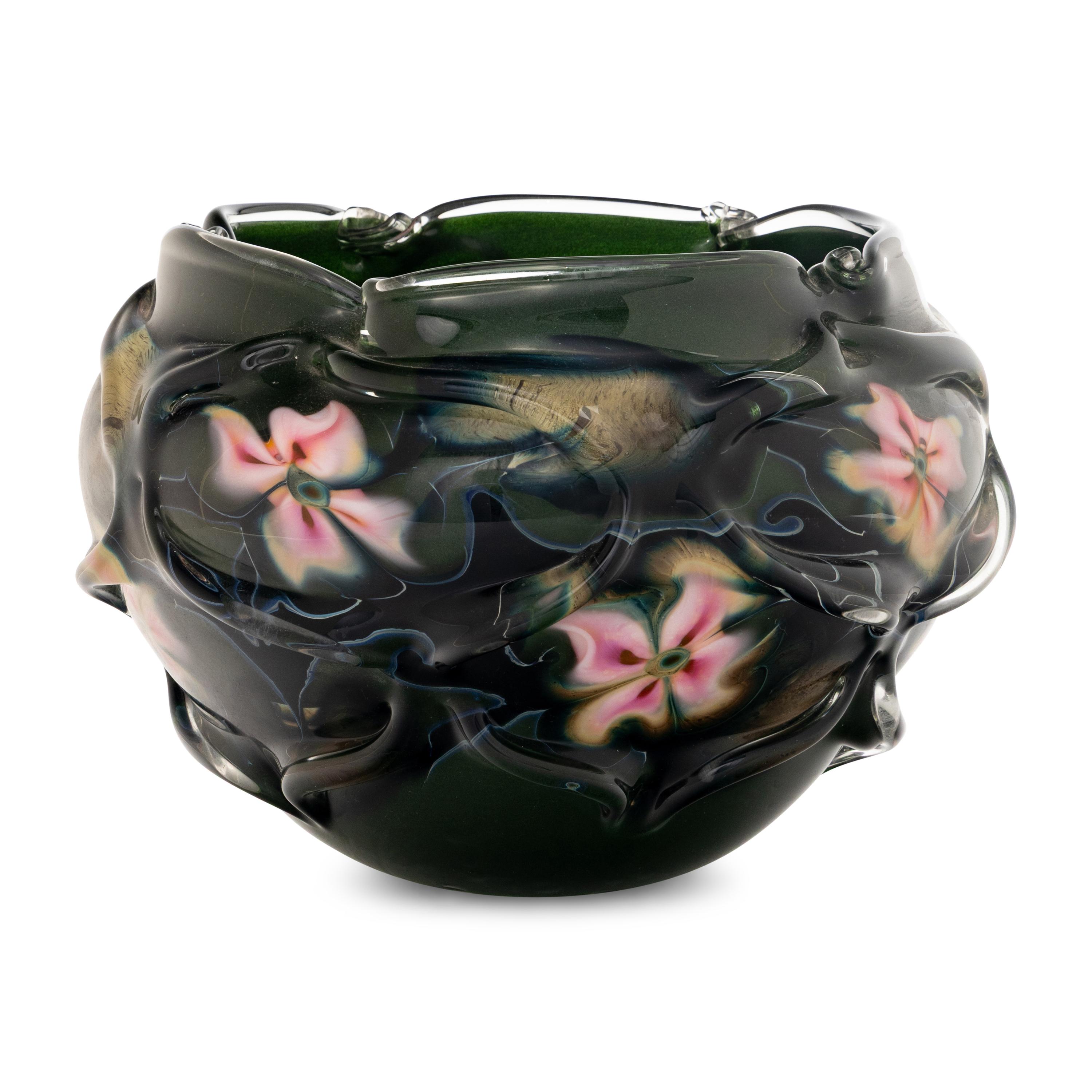 attributed to Daniel Lotton (American, b. 1963) — Bowl, Green Caged with Pink Flowers