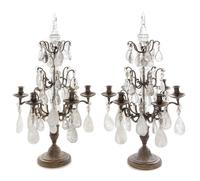 A Pair of French Bronze and Rock Crystal Six-Light Girandoles Height 28 1/4 inches. — 20TH CENTURY