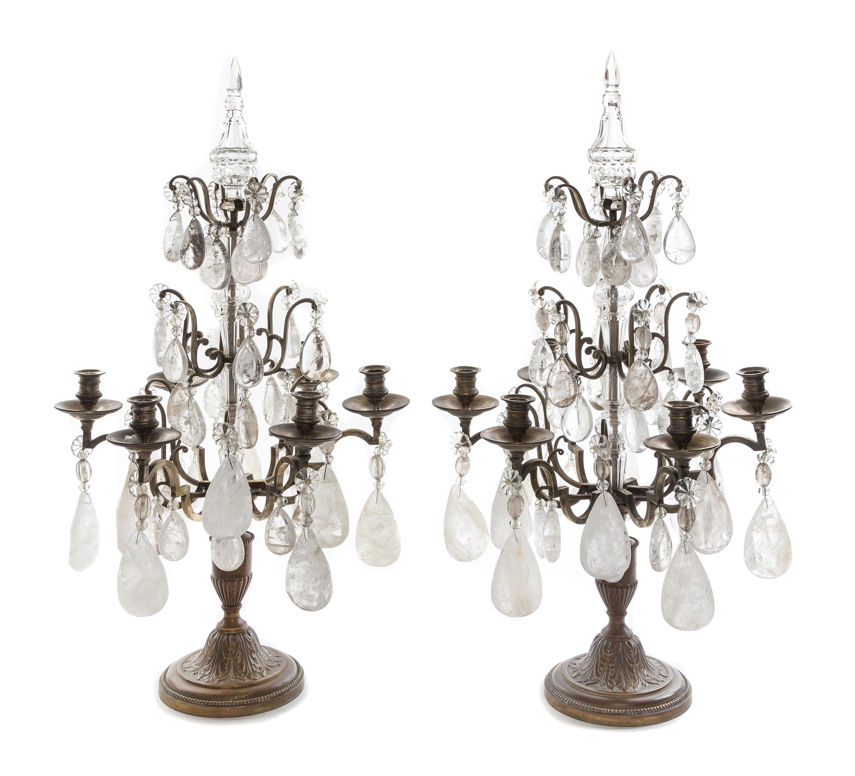 A Pair of French Bronze and Rock Crystal Six-Light Girandoles Height 28 1/4 inches. — 20TH CENTURY