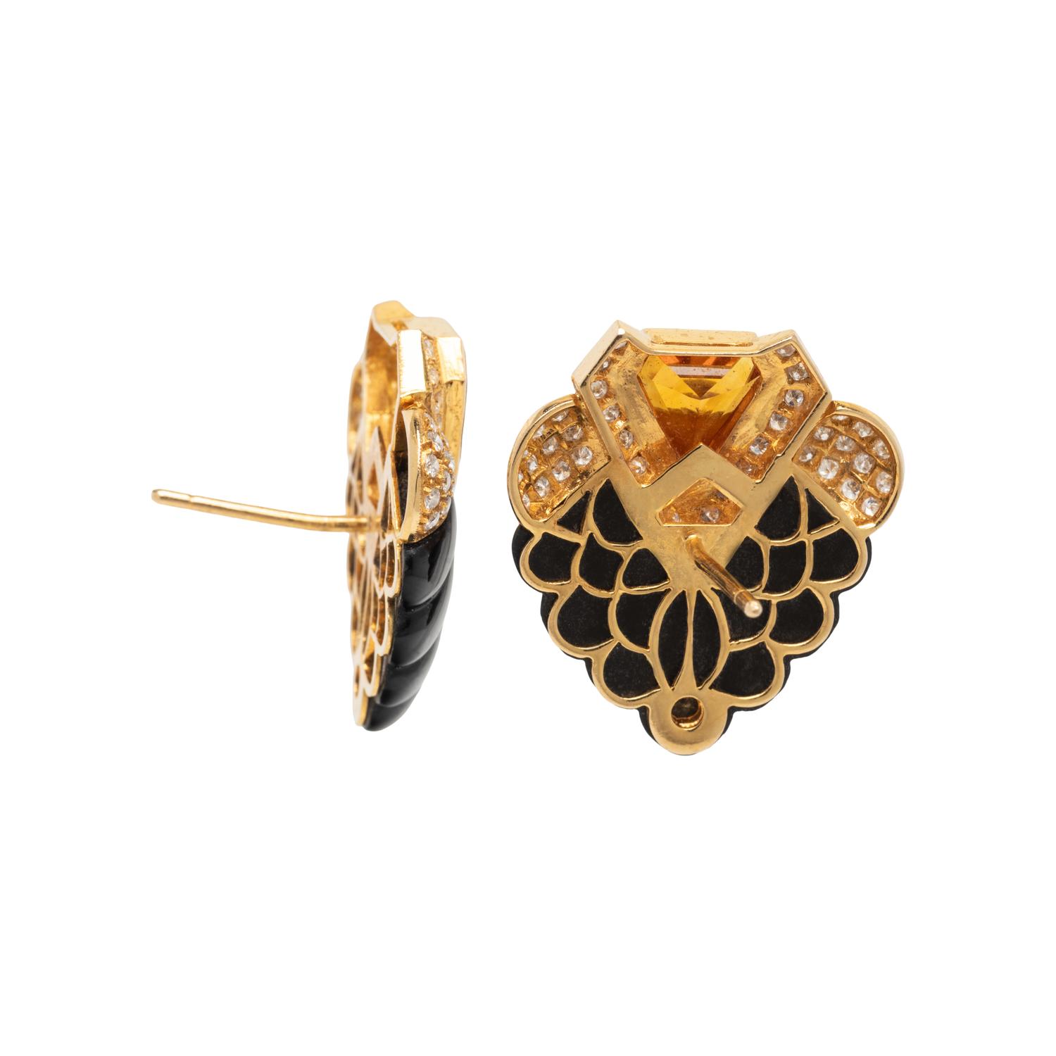 ONYX, ORANGE SAPPHIRE, AND DIAMOND EARRINGS