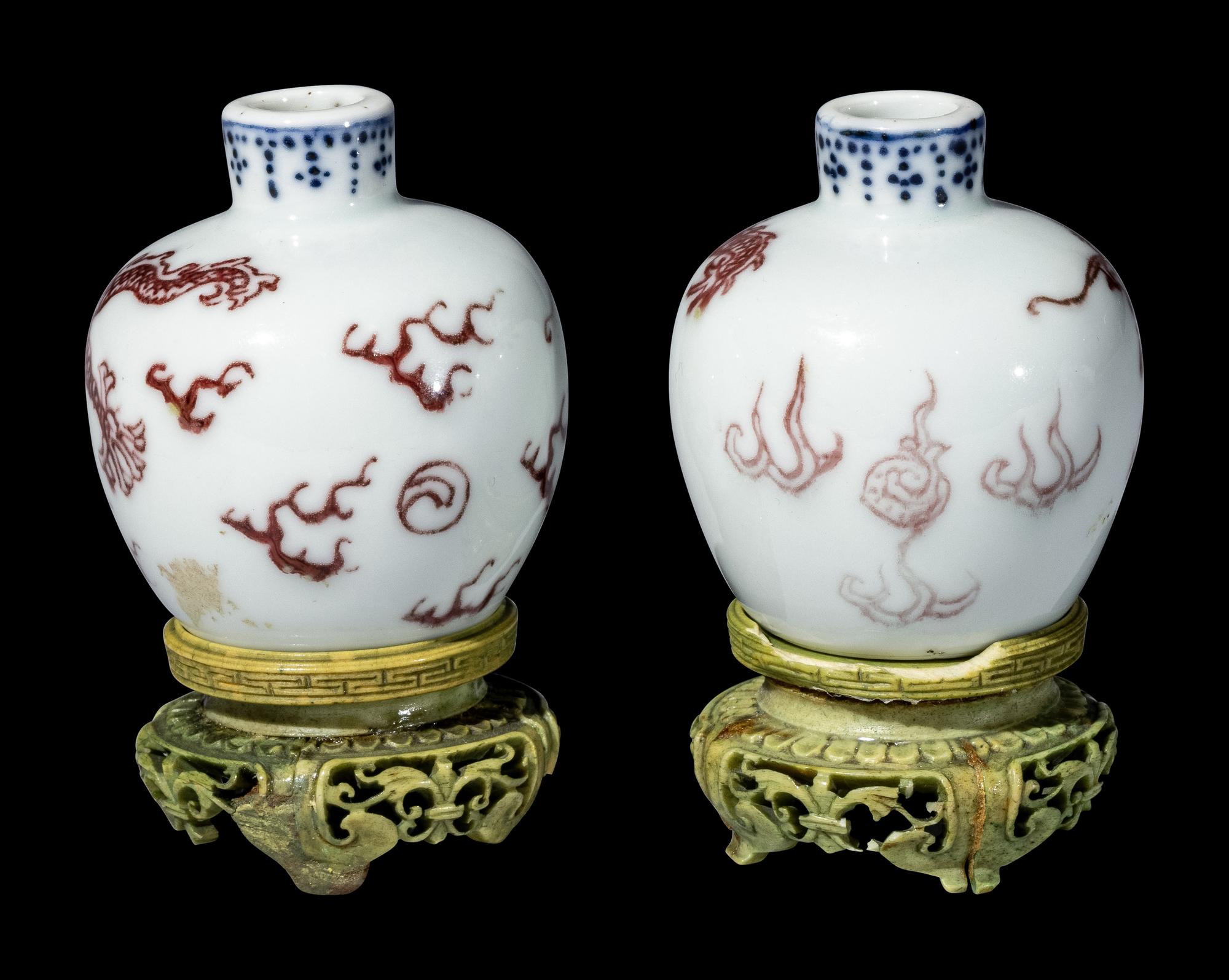 A Pair of Chinese Copper-Red Decorated Blue and White Miniature Jars