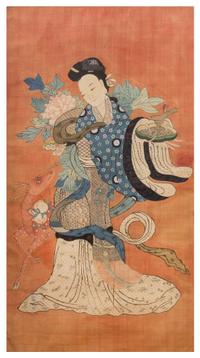A Large Embroidered Silk Panel Height 58 1/2 x width 32 inches.