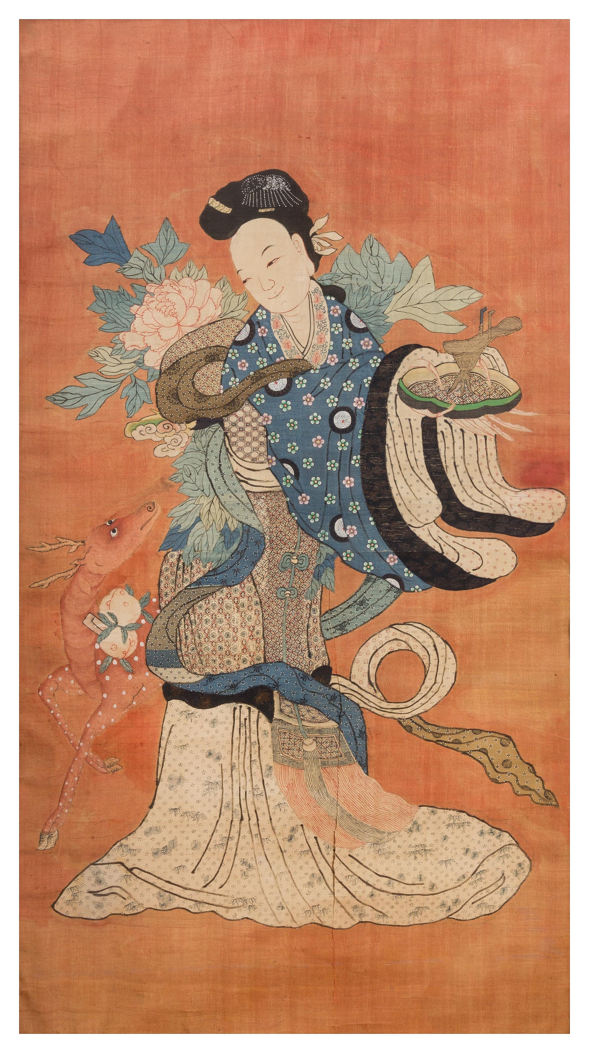 A Large Embroidered Silk Panel Height 58 1/2 x width 32 inches.