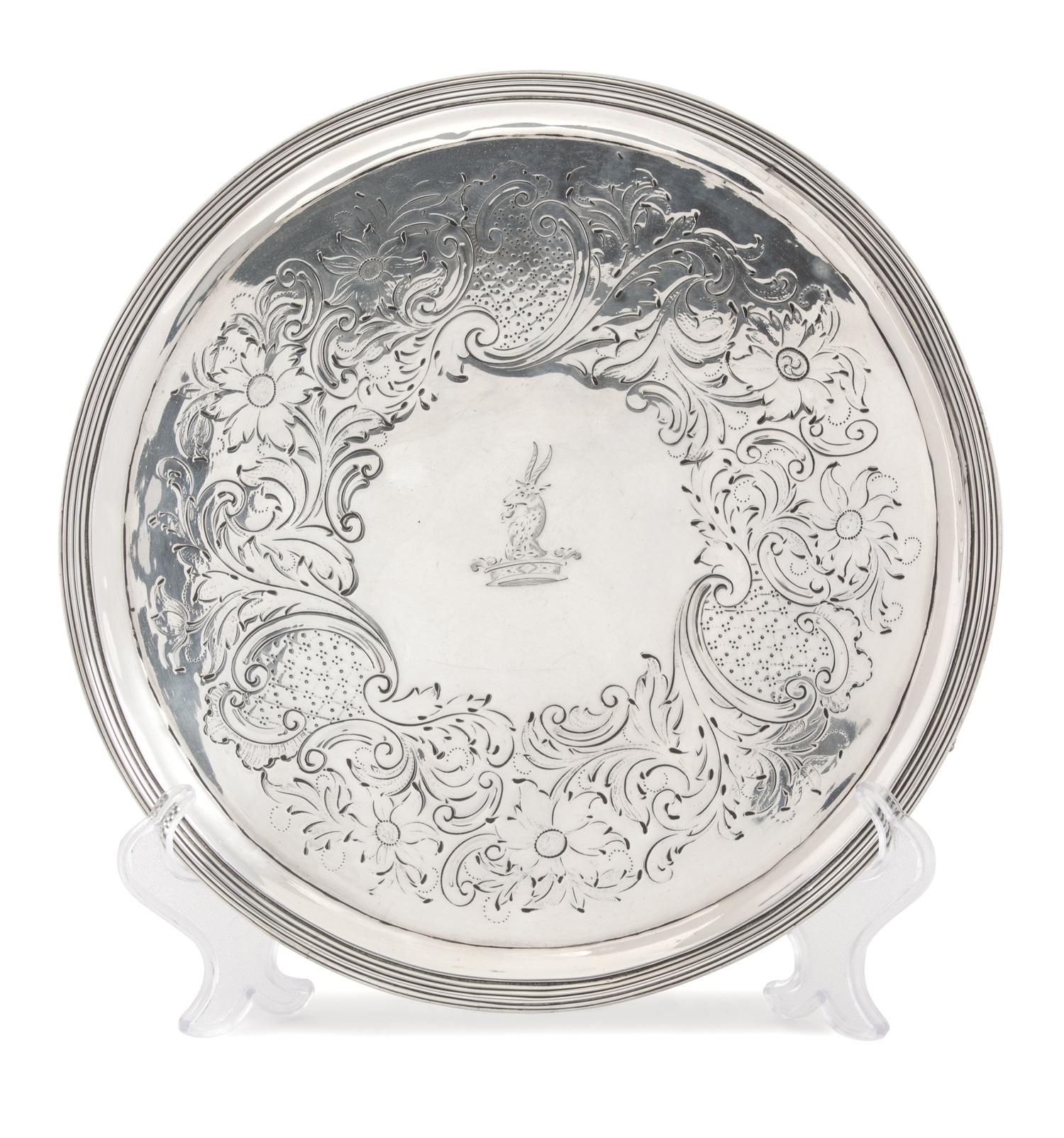 An English Silver Serving Tray, Possibly John Holloway, London, 1793, engraved with a goat's head centered emblem.
