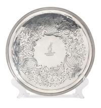 An English Silver Serving Tray, Possibly John Holloway, London, 1793, engraved with a goat's head centered emblem.