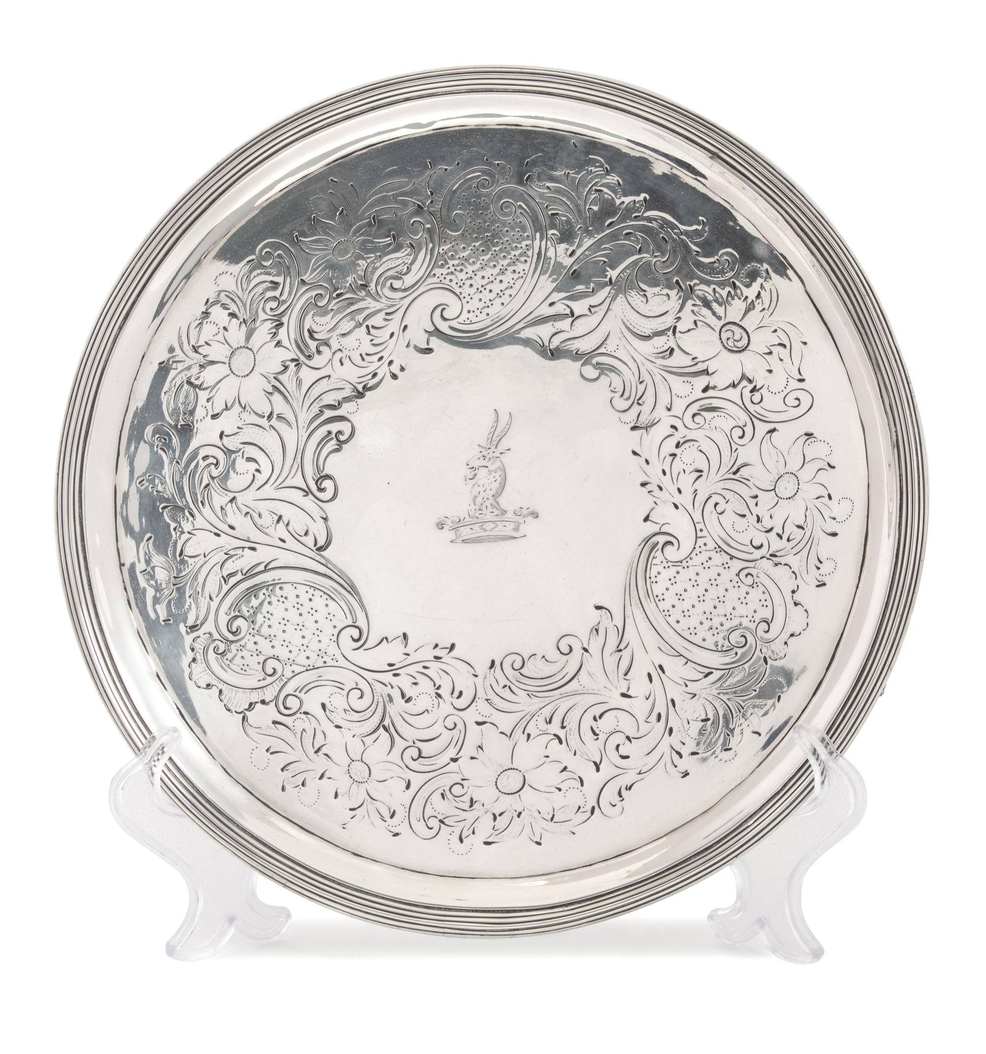 An English Silver Serving Tray, Possibly John Holloway, London, 1793, engraved with a goat's head centered emblem.