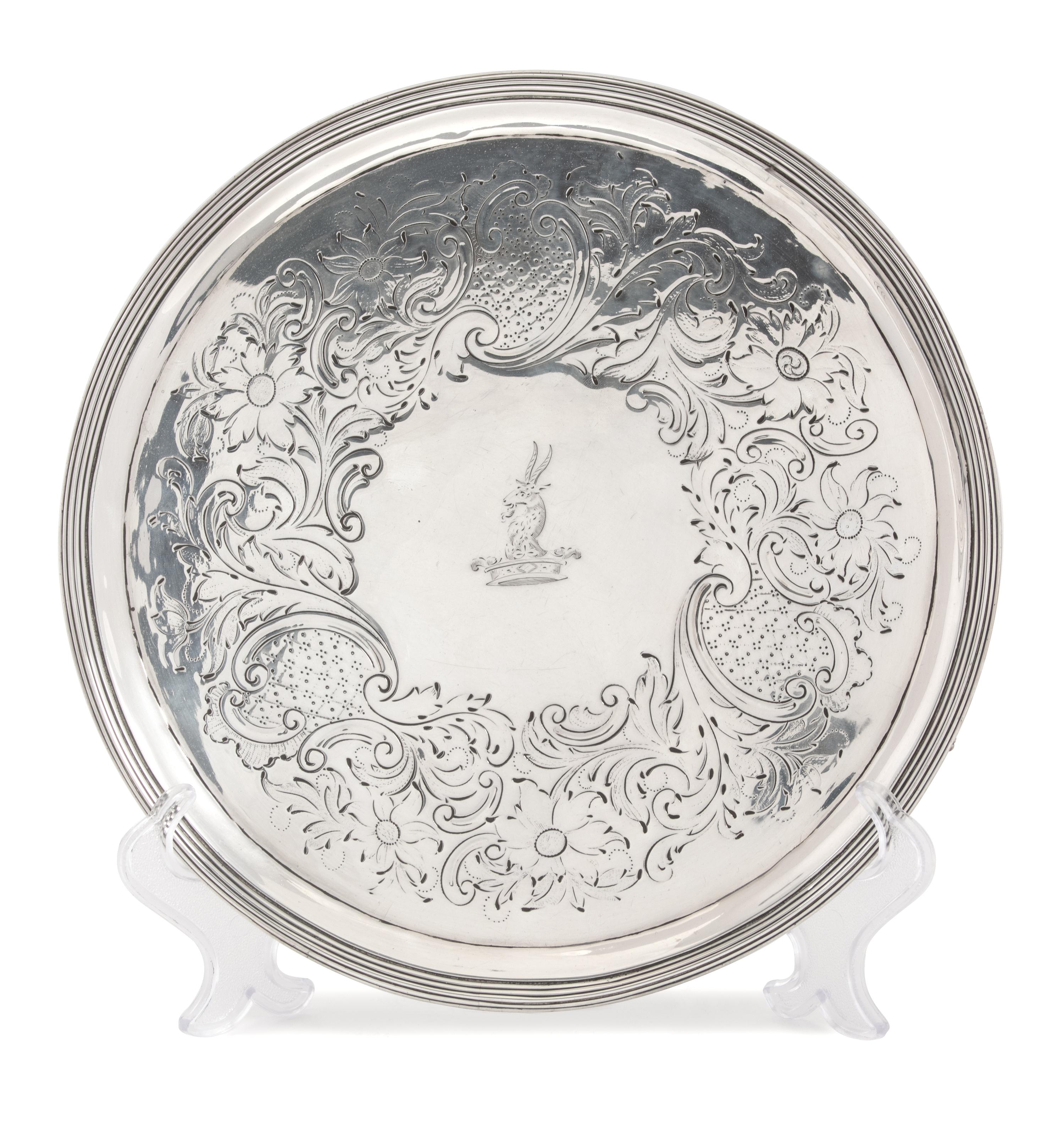 An English Silver Serving Tray, Possibly John Holloway, London, 1793, engraved with a goat's head centered emblem.
