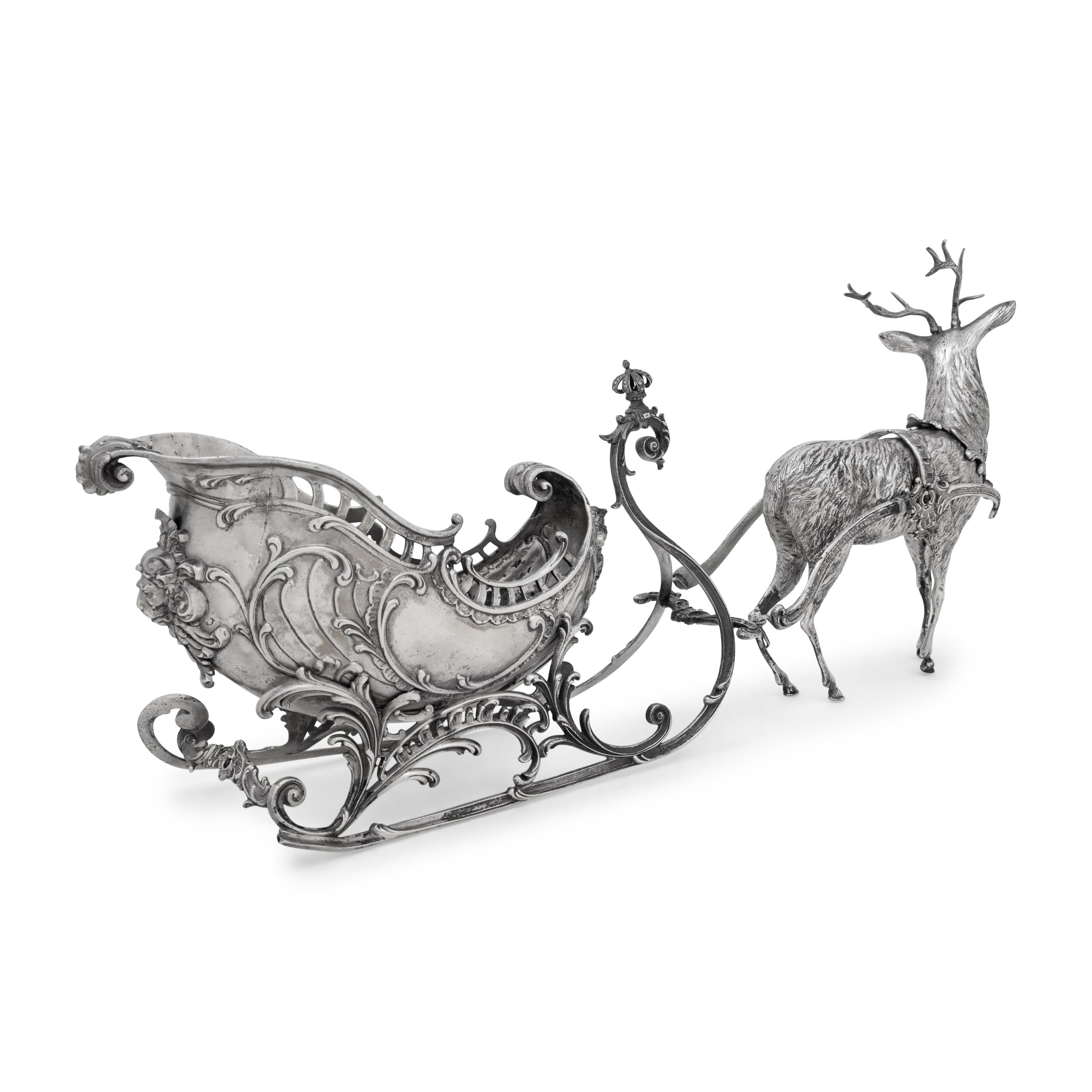 A Continental Silver-Plate Sleigh and Reindeer Centerpiece