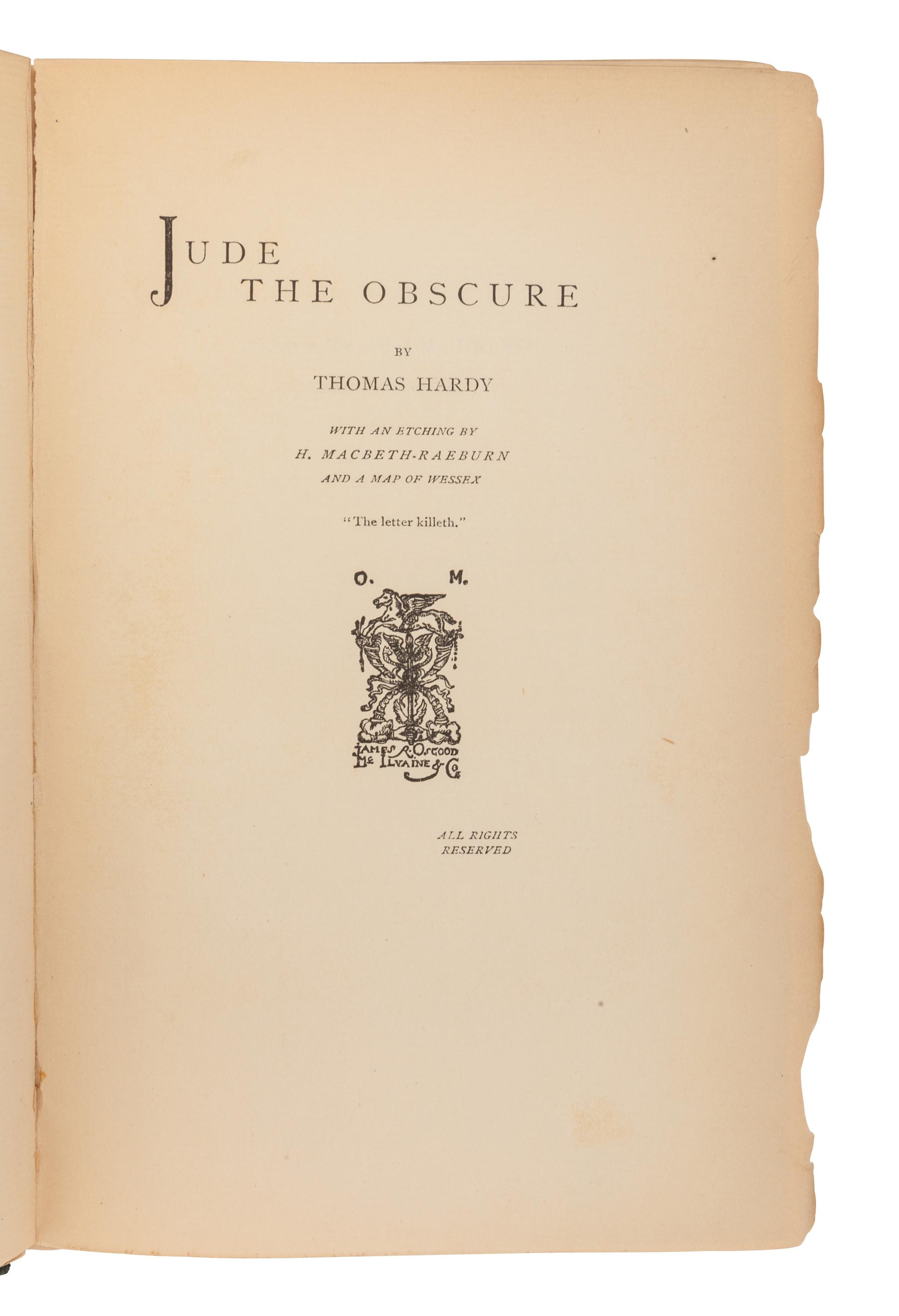 HARDY, Thomas. Tess of the D'Urbervilles. A Pure Woman Faithfully Presented. New York: Harper & Brothers, 1892.