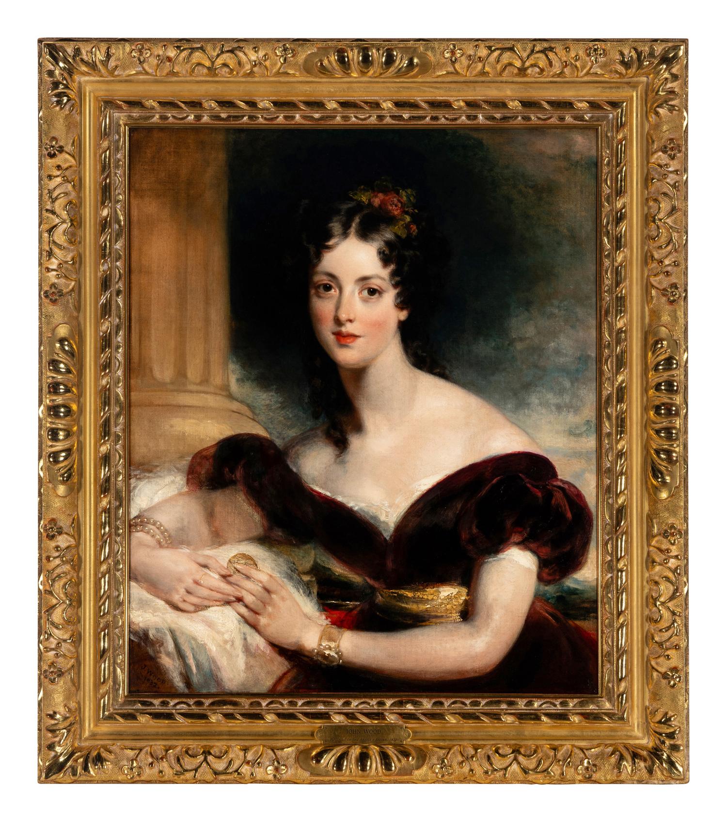 Portrait of the Artist's Sister Sarah Wyatt Gray, née Wood (b. 1812), half-length, in a red dress sitting next to a column , 1832