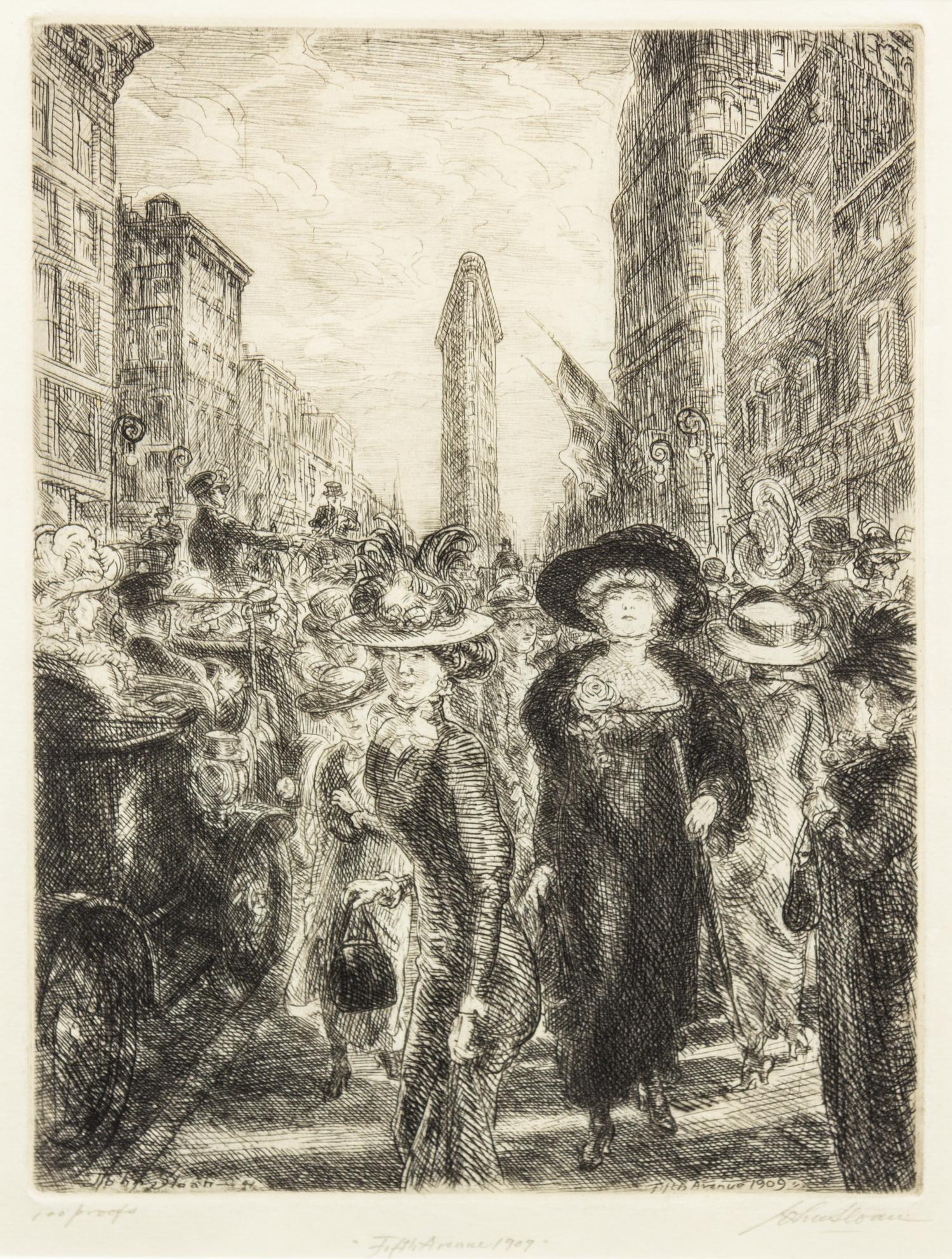 John French Sloan, (American, 1871-1951), Fifth Avenue 1909, 1941
