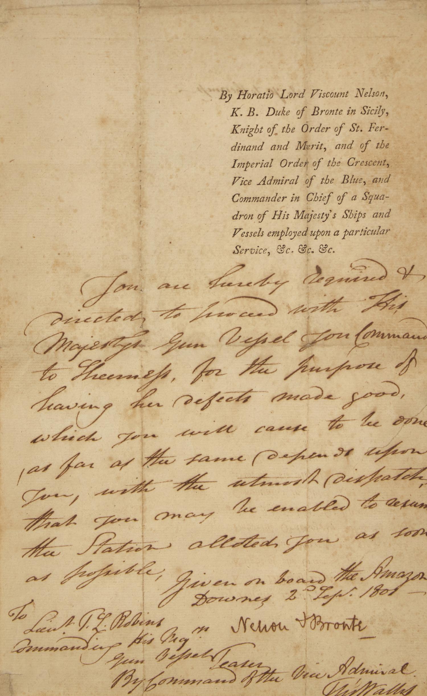 [British Isles] Nelson, Horatio. Manuscript Document, signed