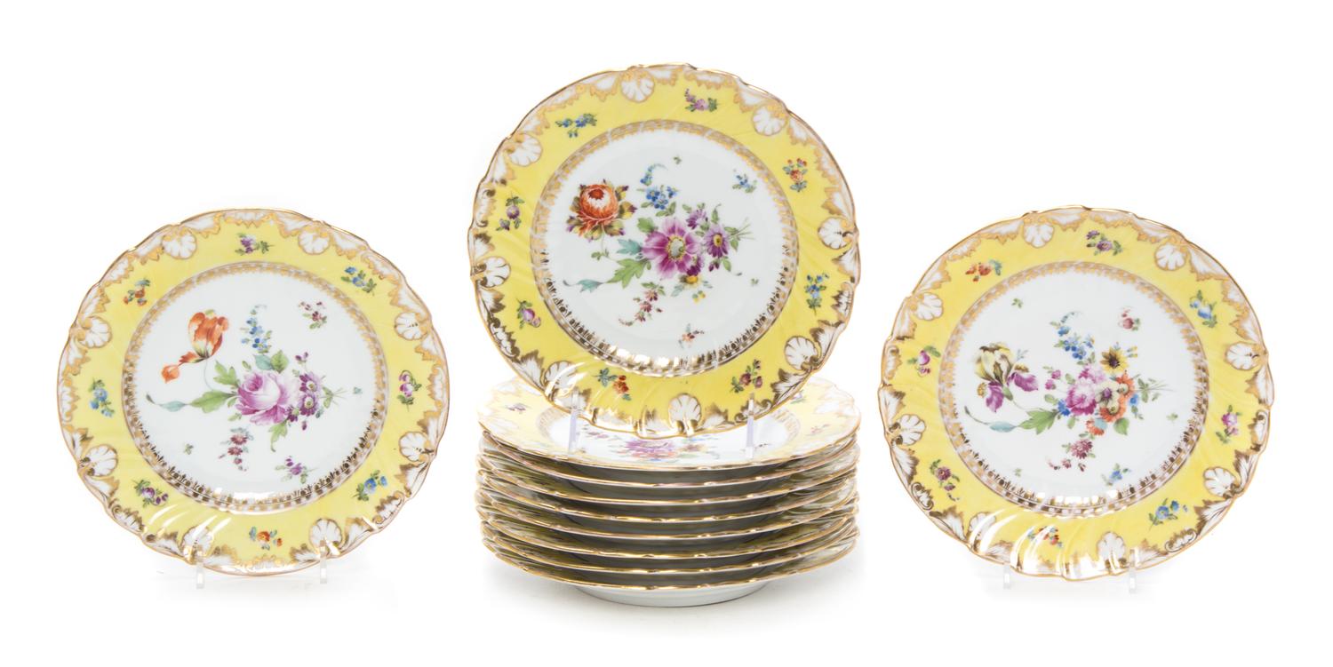 A Set of Eleven Dresden Porcelain Dessert Plates Diameter 8 1/8 inches.