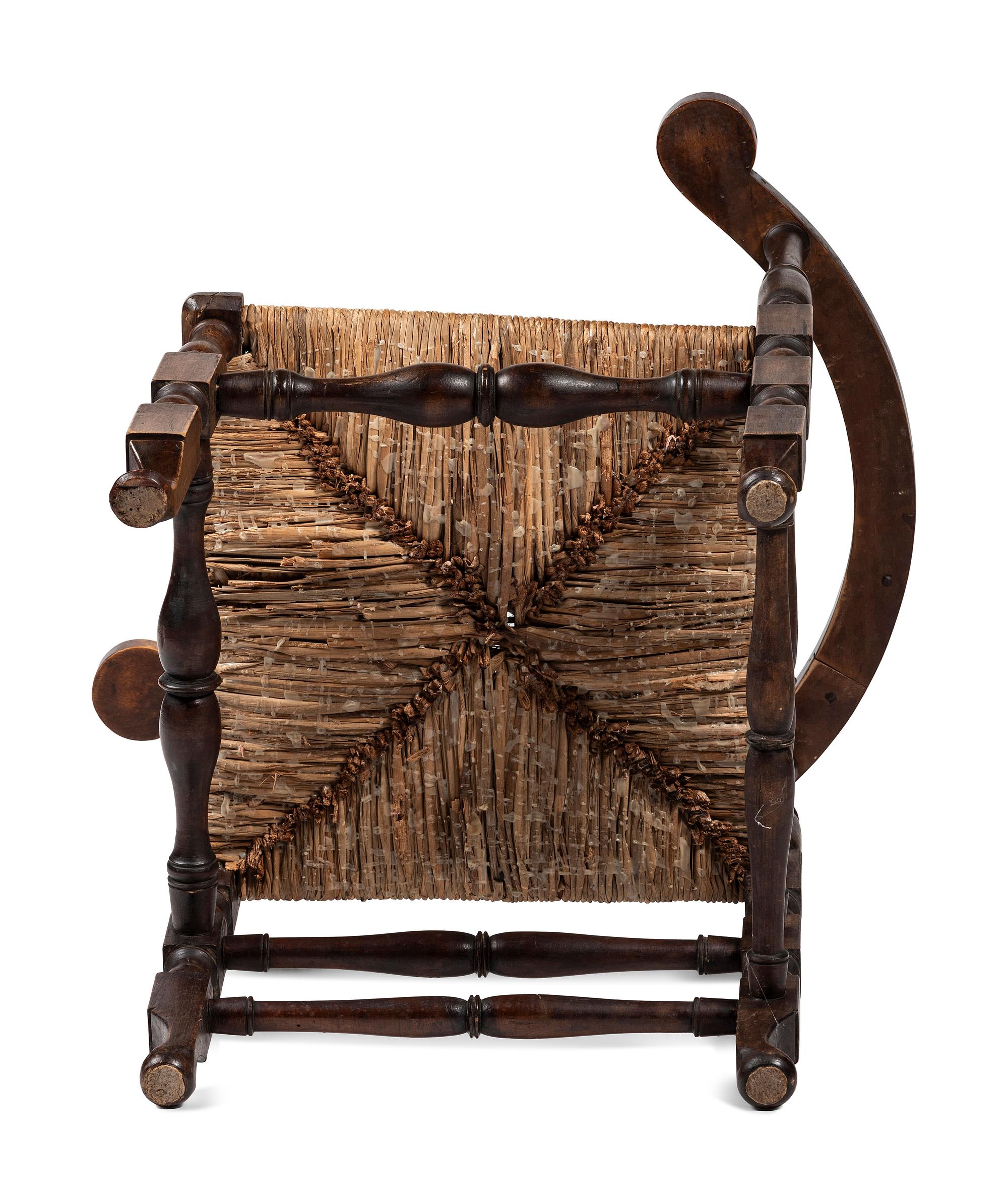 A Rare Country Queen Anne Maple and Cherrywood Rush Seat Corner Chair