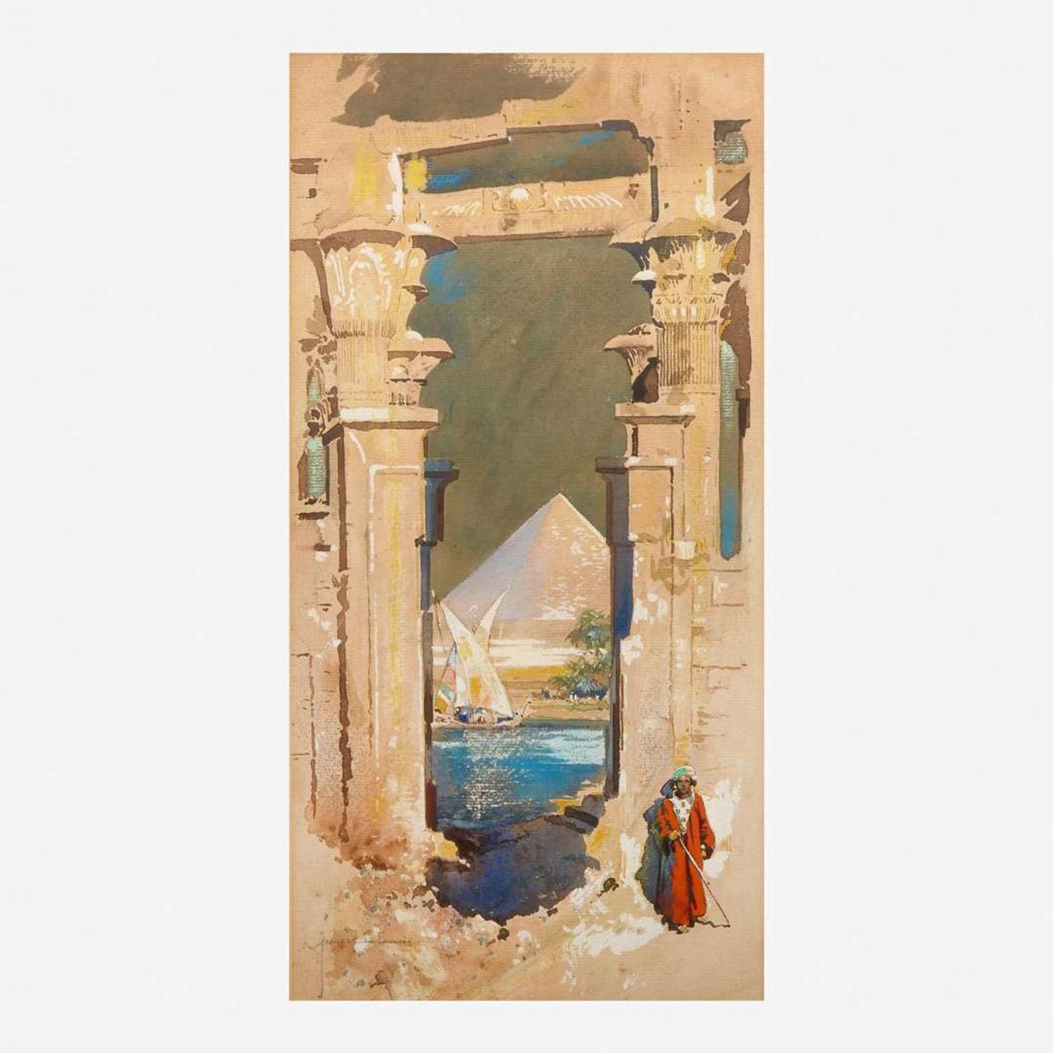 George Wharton Edwards (American, 1859–1950) Man in Red next to Papyrus Columns