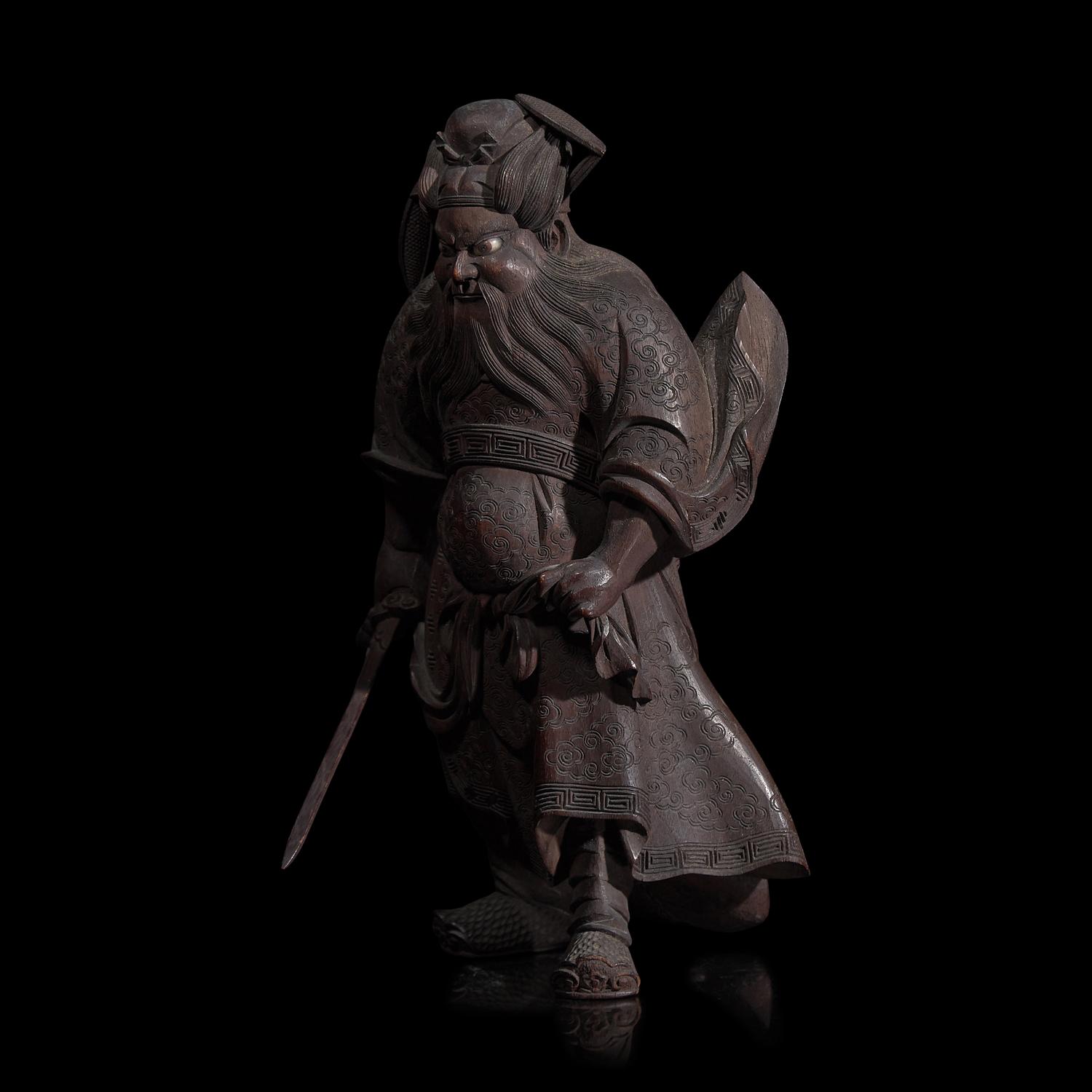 A Japanese Carved Wood "Shoki" Okimono, Signed Hara Shugetsu zo