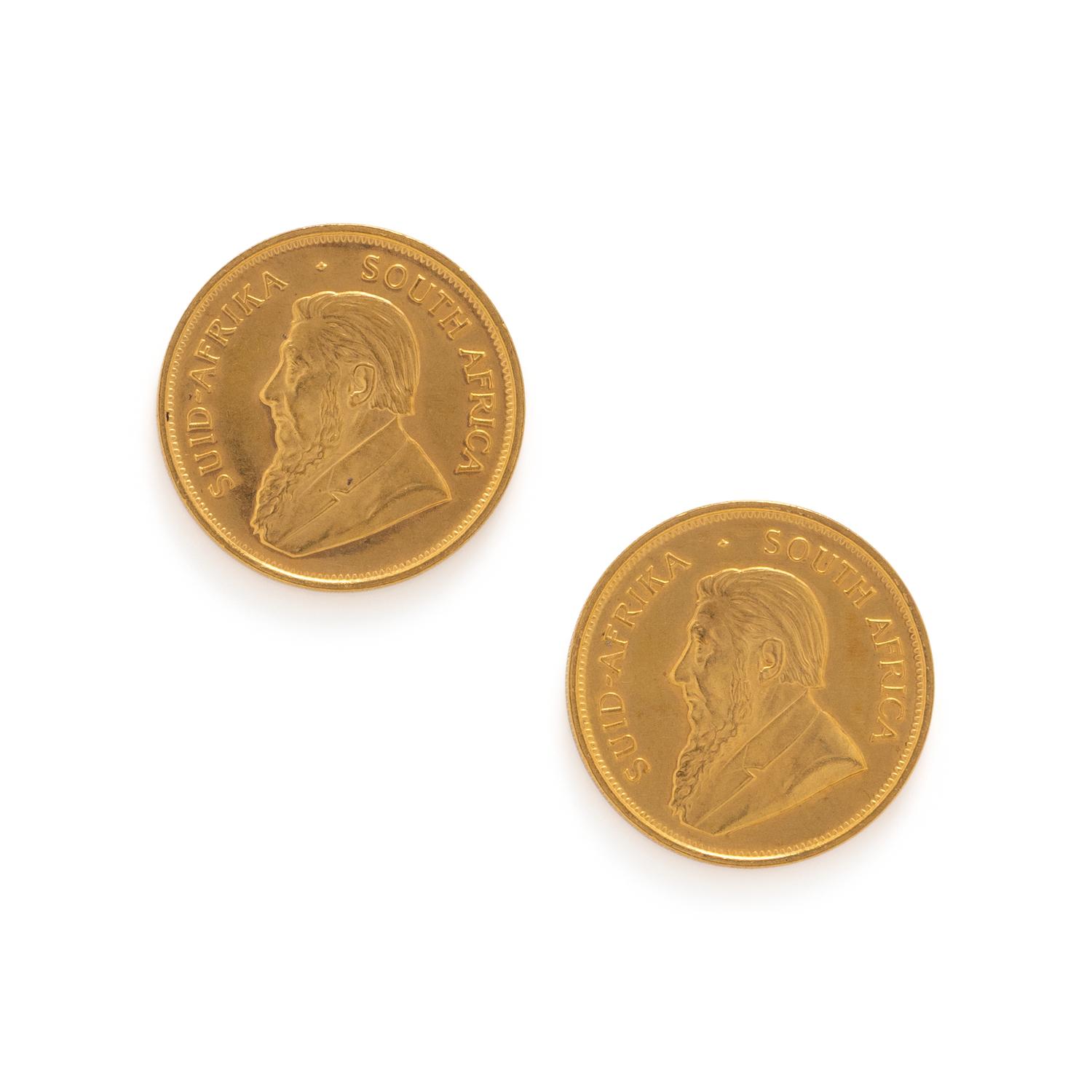 A PAIR OF YELLOW GOLD KRUGERANDS