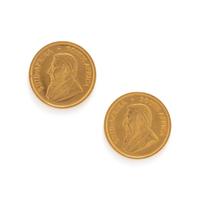 A PAIR OF YELLOW GOLD KRUGERANDS