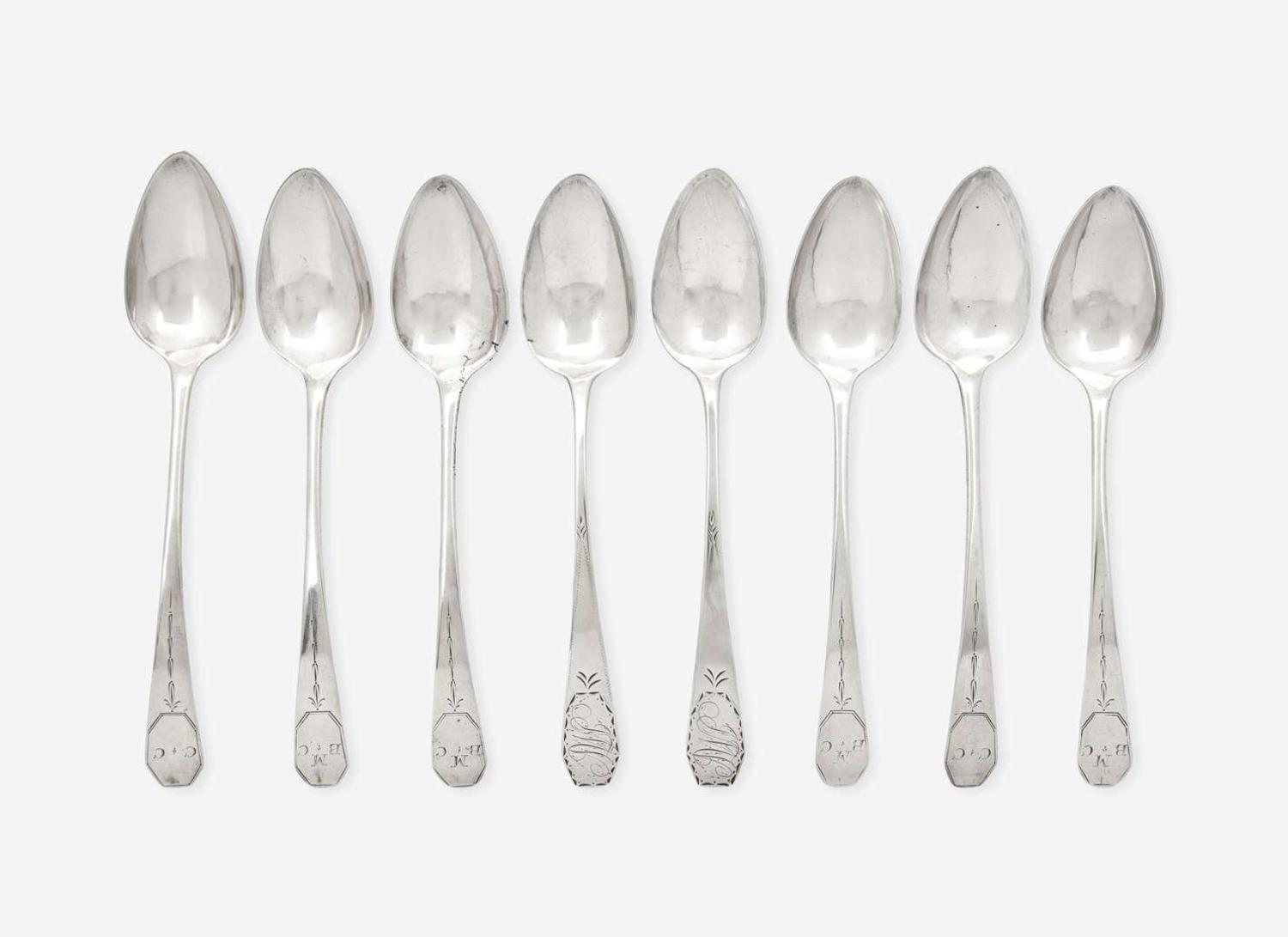 A group of eight Federal silver coffin-end tablespoons, Thomas Baker Burger (active 1805-1806), New York, NY, and maker "HG," circa 1805