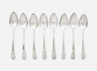 A group of eight Federal silver coffin-end tablespoons, Thomas Baker Burger (active 1805-1806), New York, NY, and maker "HG," circa 1805