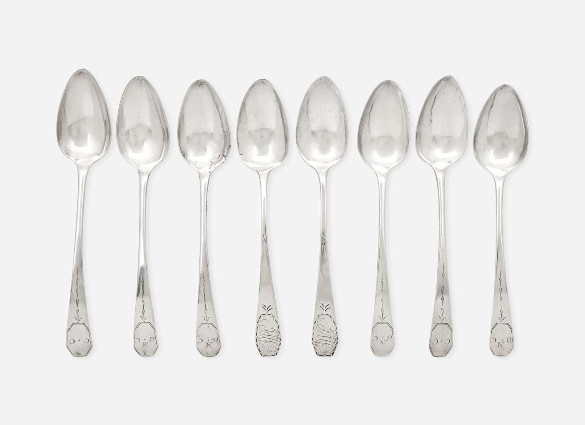 A group of eight Federal silver coffin-end tablespoons, Thomas Baker Burger (active 1805-1806), New York, NY, and maker "HG," circa 1805