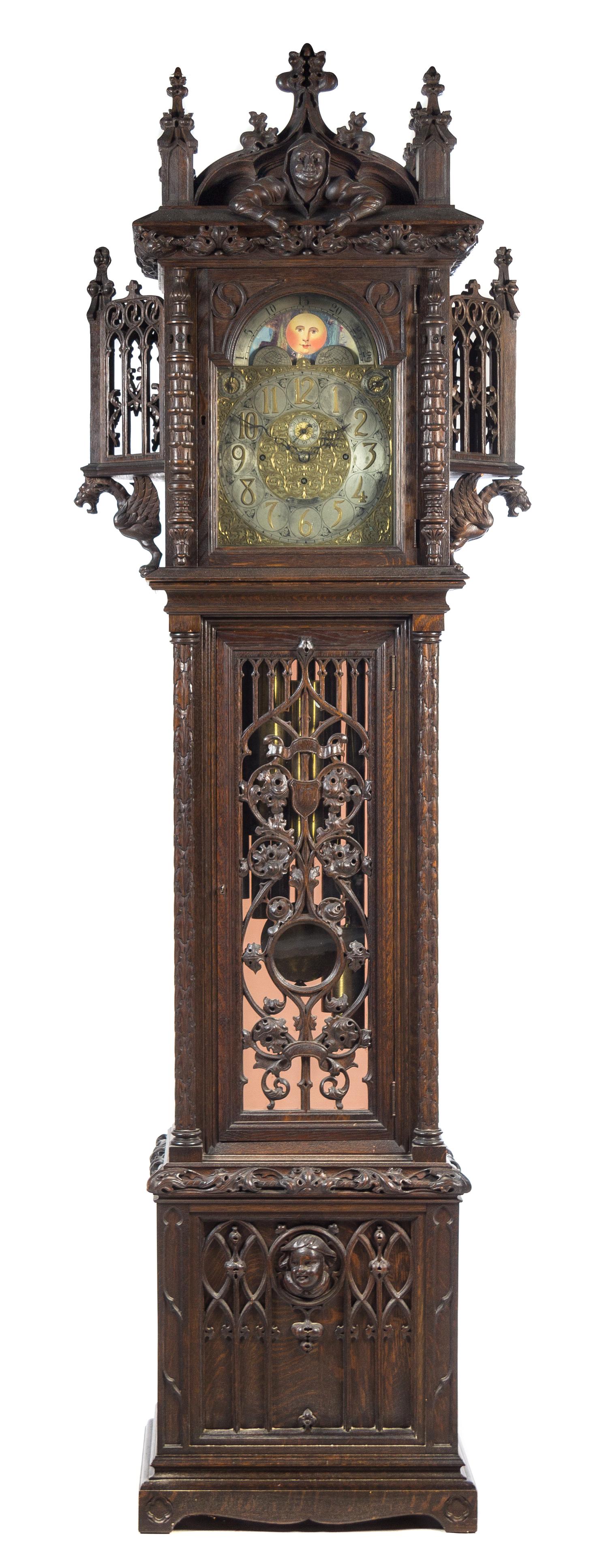An English Gothic Revival Tall Case Clock Height 107 3/4 x width 34 1/8 x depth 17 1/2 inches. — RETAILED BY TIFFANY & CO., MOVEMENT BY ELLIOTT, CIRCA 1900