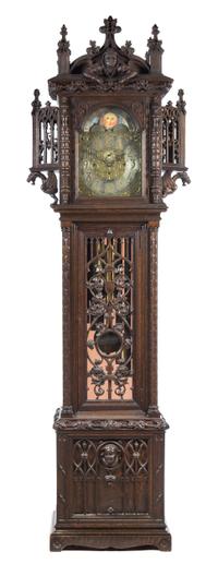 An English Gothic Revival Tall Case Clock Height 107 3/4 x width 34 1/8 x depth 17 1/2 inches. — RETAILED BY TIFFANY & CO., MOVEMENT BY ELLIOTT, CIRCA 1900