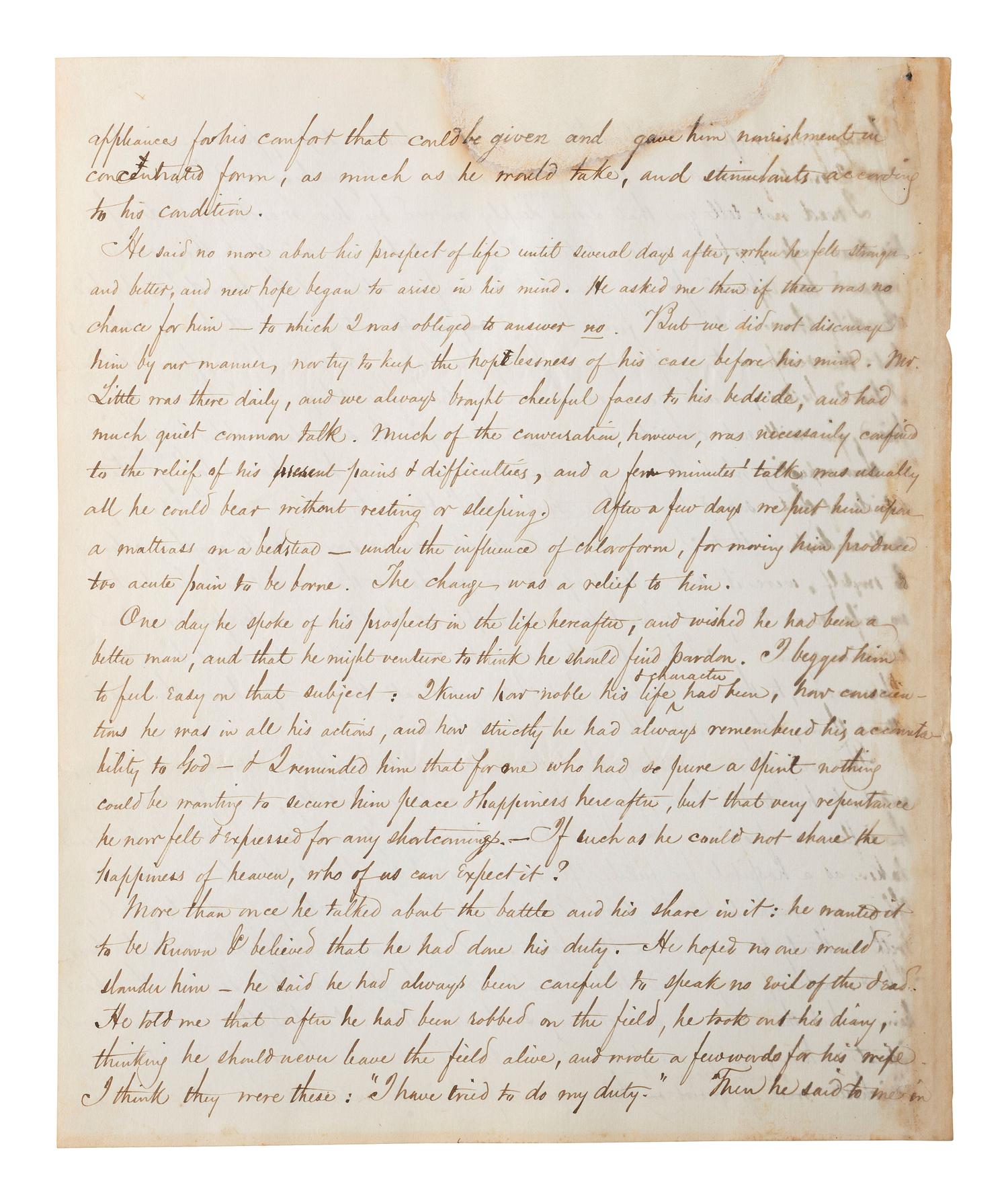 [CIVIL WAR]. THAYER, William Henry. Autograph letter signed ("Wm. Henry Thayer") as regimental surgeon, 14th New Hampshire Infantry, describing the wounding, treatment, and death of his fellow soldier Colonel Alexander Gardiner who was mortally injured at the Battle of Opequan. Winchester, VA, 9 October 1864.