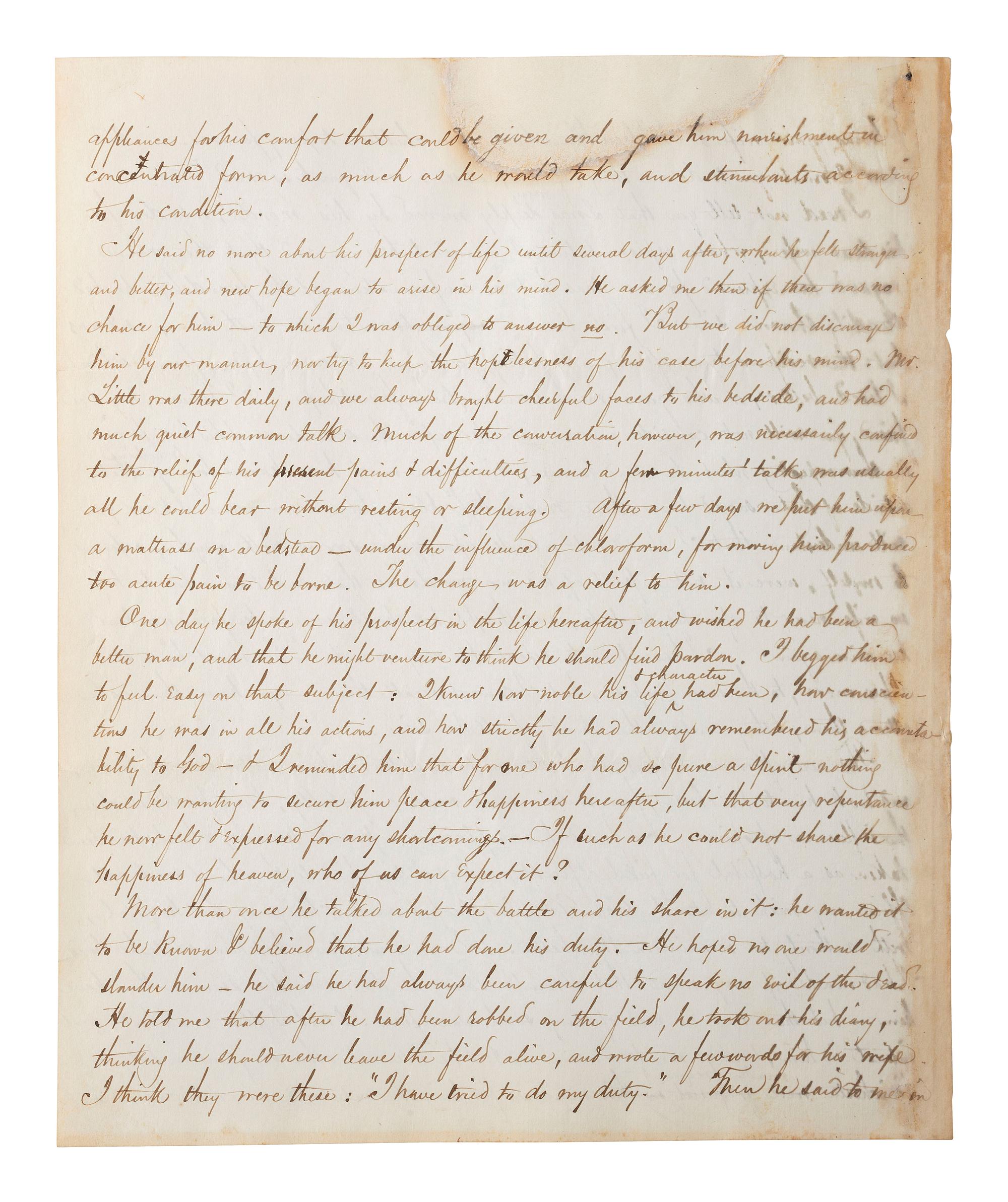 [CIVIL WAR]. THAYER, William Henry. Autograph letter signed ("Wm. Henry Thayer") as regimental surgeon, 14th New Hampshire Infantry, describing the wounding, treatment, and death of his fellow soldier Colonel Alexander Gardiner who was mortally injured at the Battle of Opequan. Winchester, VA, 9 October 1864.