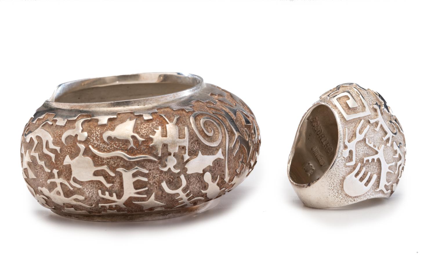 Sterling Silver Cast Ring and Cuff Bracelet, with Petroglyph Design Lot is located and will ship from Denver, Colorado.