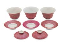 Three Famille Rose Pink Ground Incised Tea Bowls