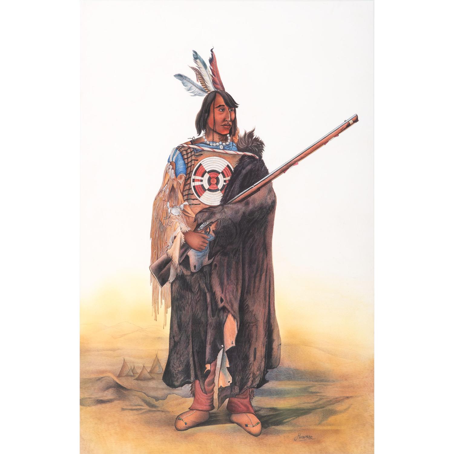 A Watercolor and Two Prints, in the manner of Karl Bodmer