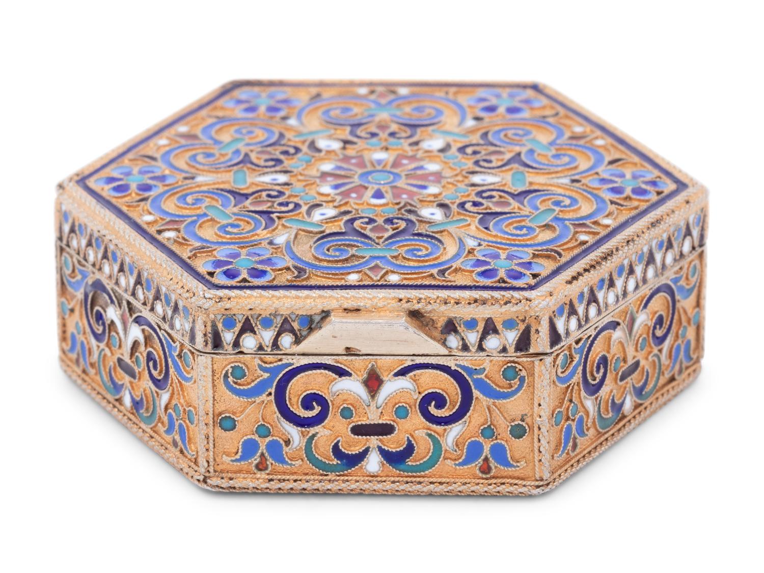 A Russian Enameled Silver-Gilt Hexagonal Snuff Box