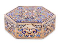 A Russian Enameled Silver-Gilt Hexagonal Snuff Box