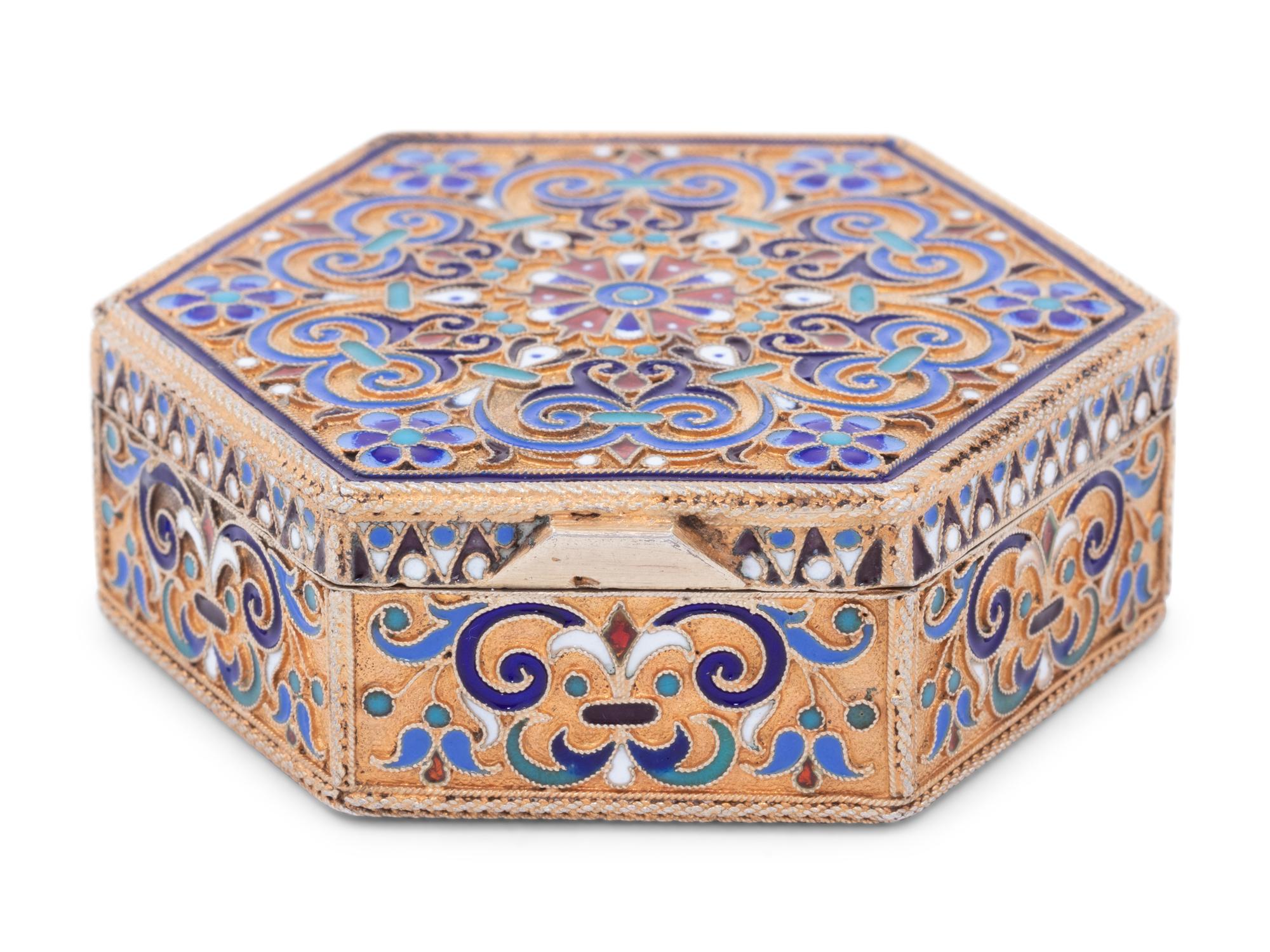 A Russian Enameled Silver-Gilt Hexagonal Snuff Box