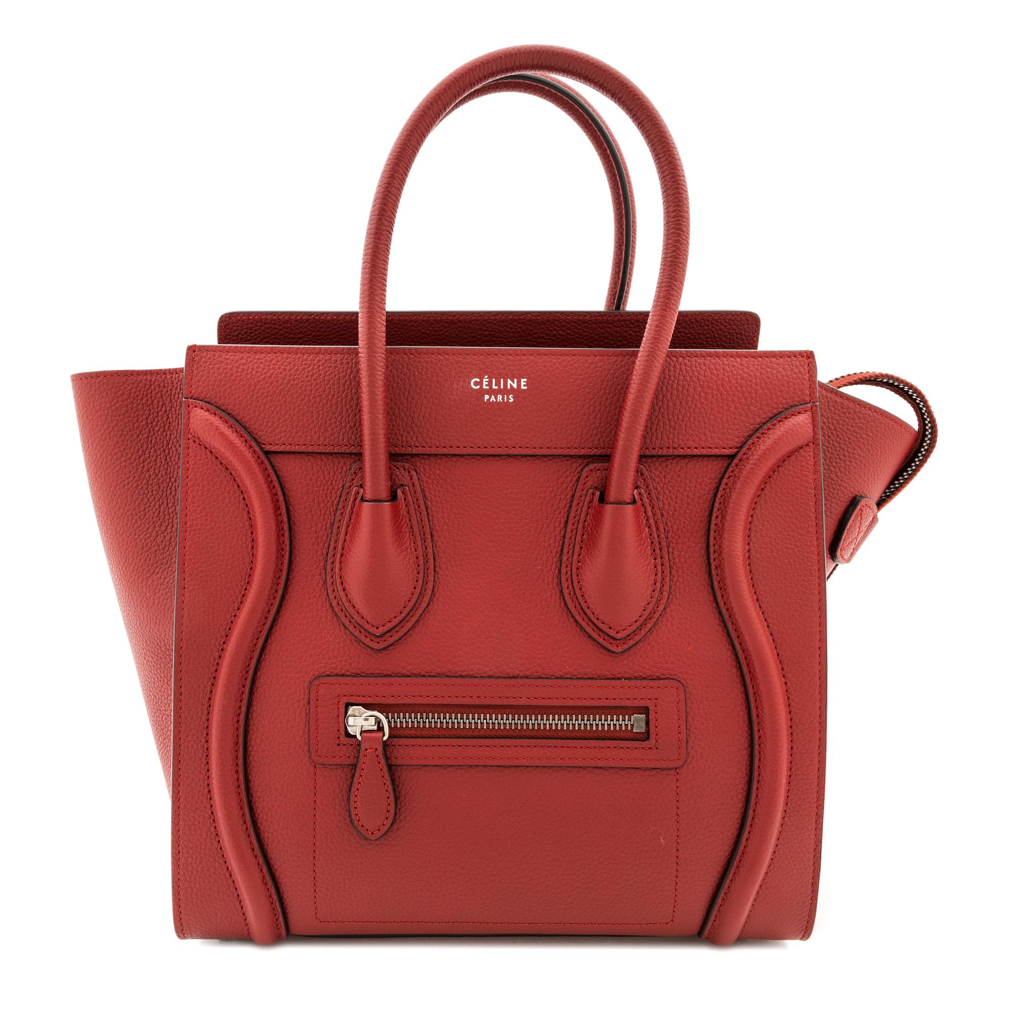 A Celine Red Calfskin Micro Luggage Bag, 10" x 10" x 6"; Top handle 5".