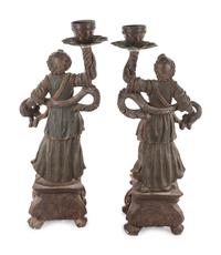 Two Neapolitan Carved and Painted Figural Pricket Sticks