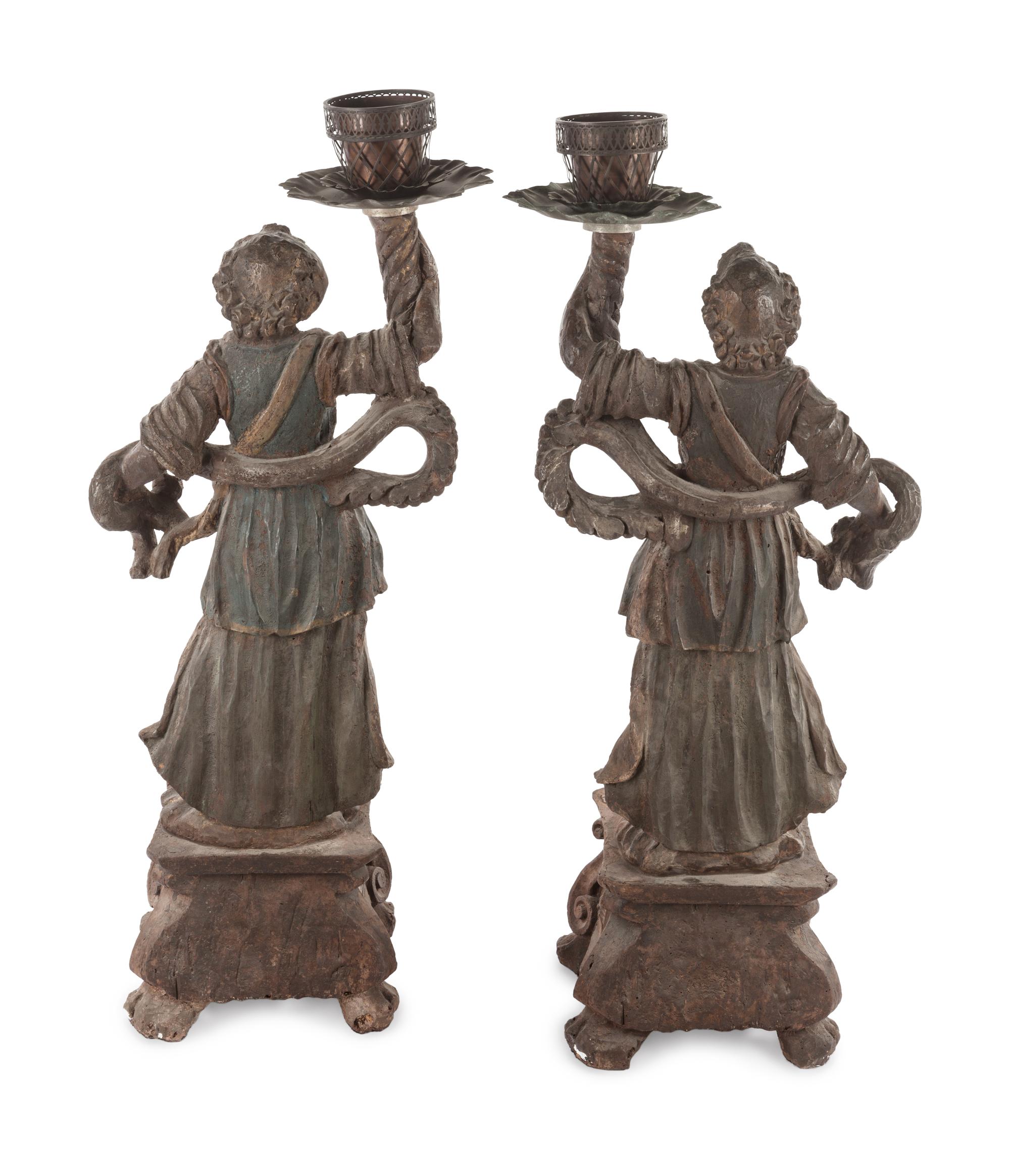 Two Neapolitan Carved and Painted Figural Pricket Sticks