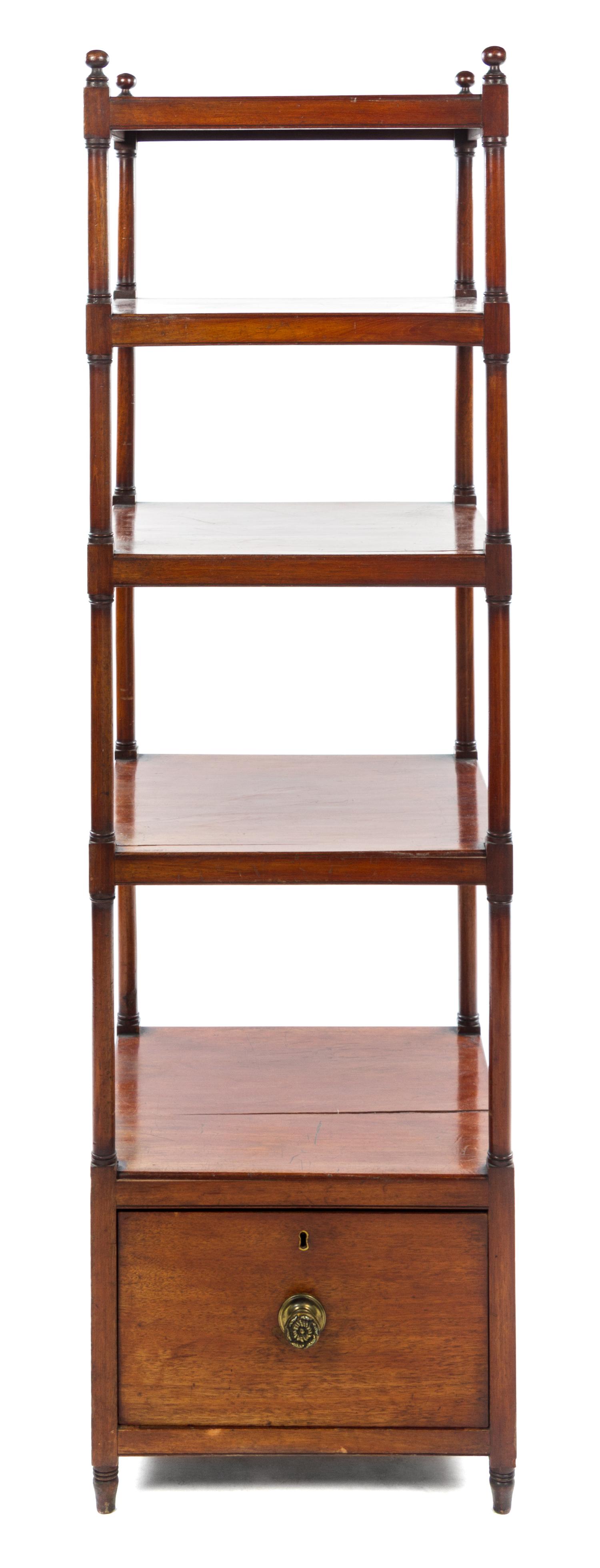 A Regency Mahogany Five-Tier Etagere Height 61 x width 18 x depth 16 inches.