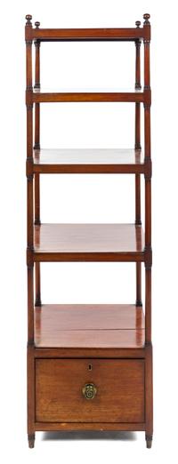 A Regency Mahogany Five-Tier Etagere Height 61 x width 18 x depth 16 inches.