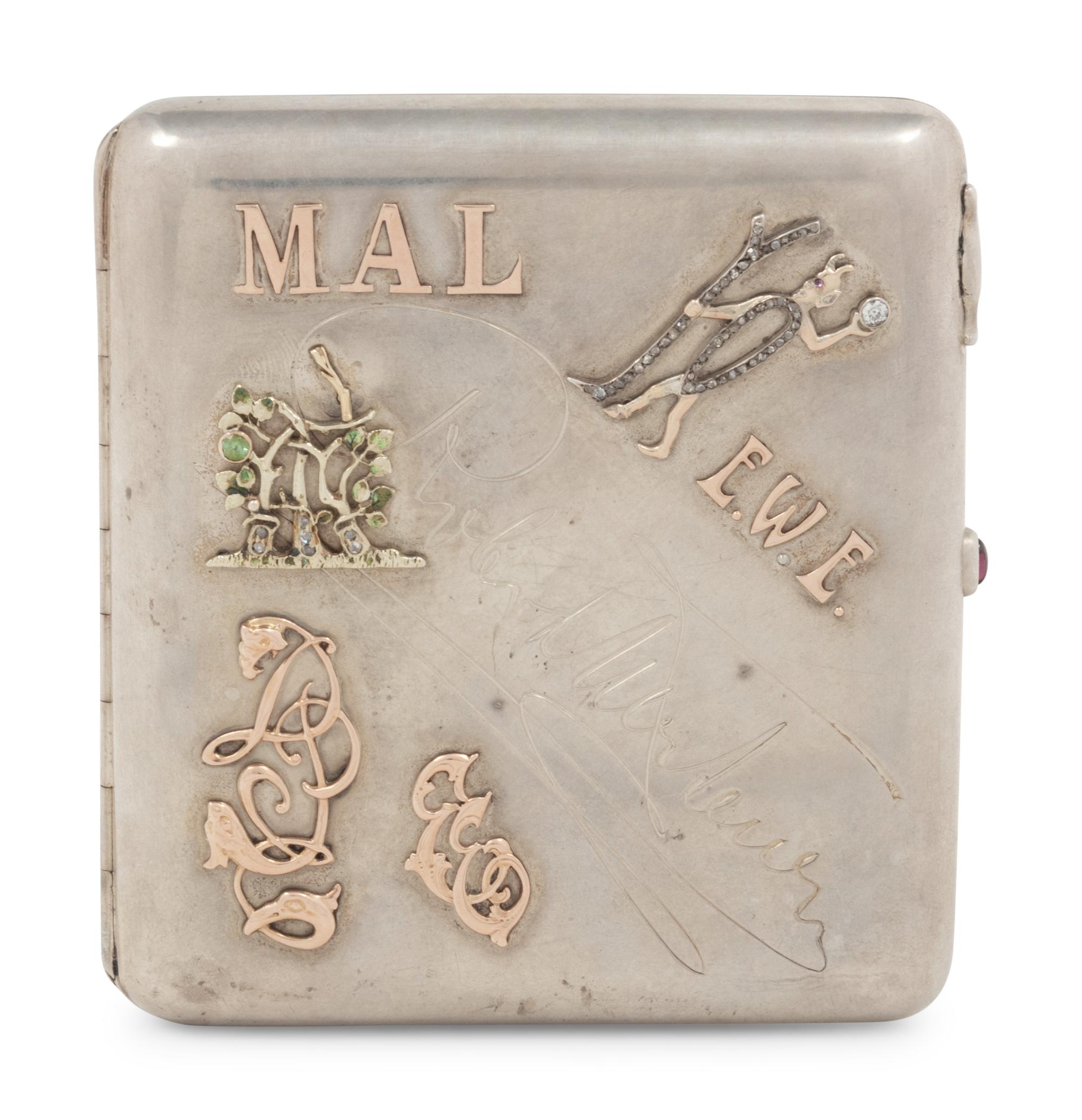 A Russian Gold, Enamel and Diamond Charm Mounted Silver Cigarette Case