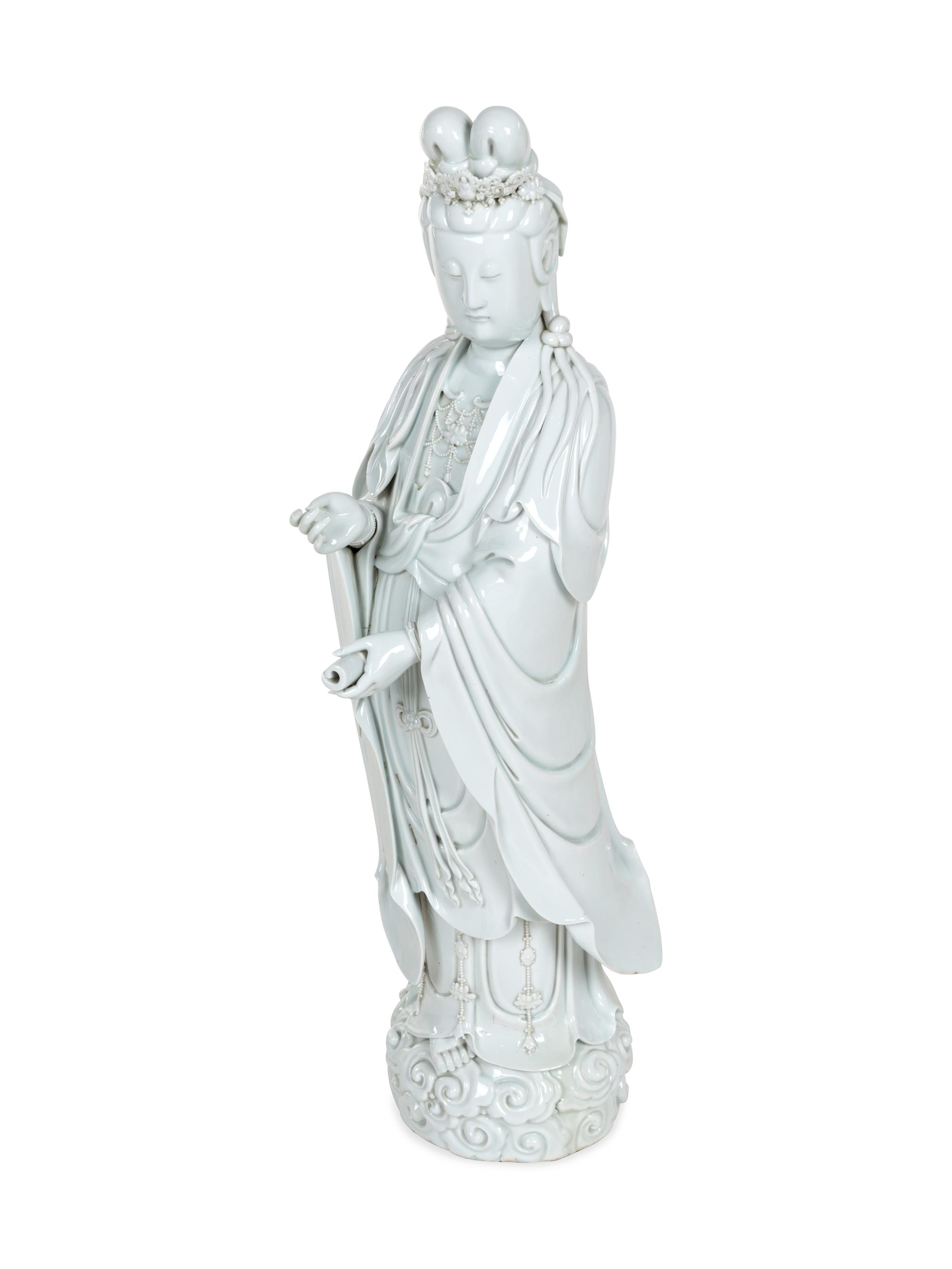 A Large Chinese Blanc-de-Chine Porcelain Figure of Guanyin