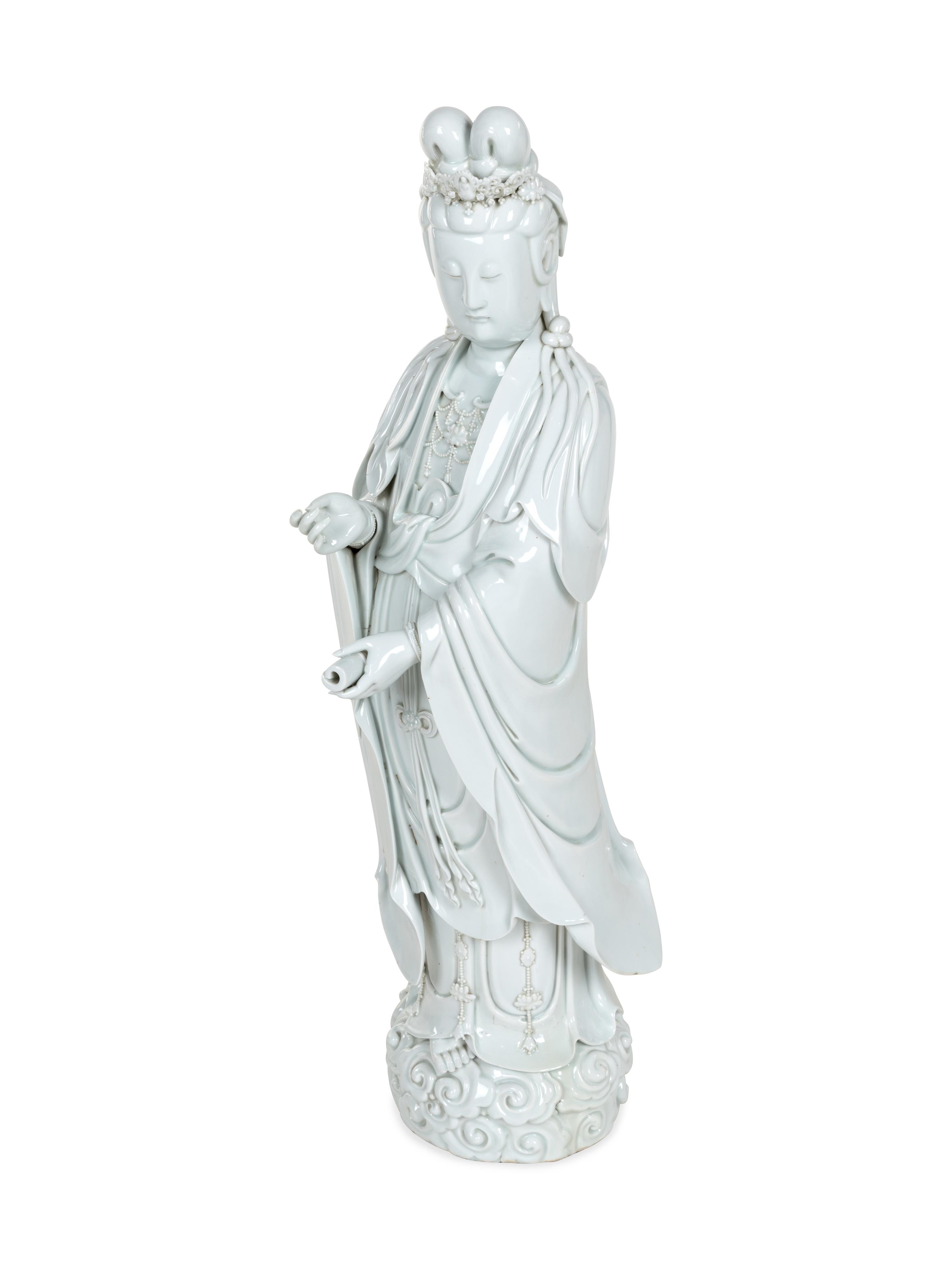 A Large Chinese Blanc-de-Chine Porcelain Figure of Guanyin