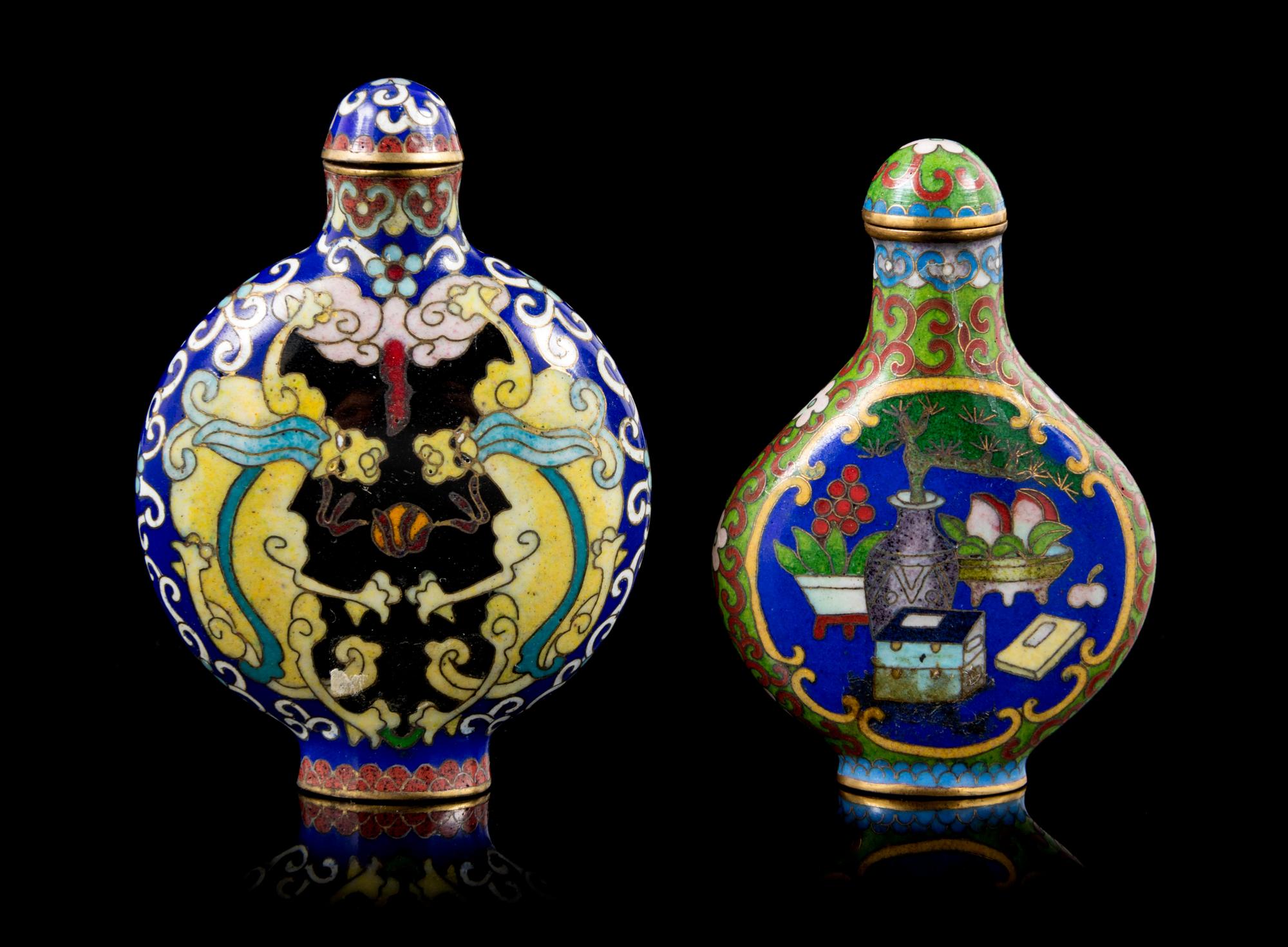 Two Cloisonne Enamel Snuff Bottles Height of taller 2 7/8 inches. — LATE 19TH/EARLY 20TH CENTURY
