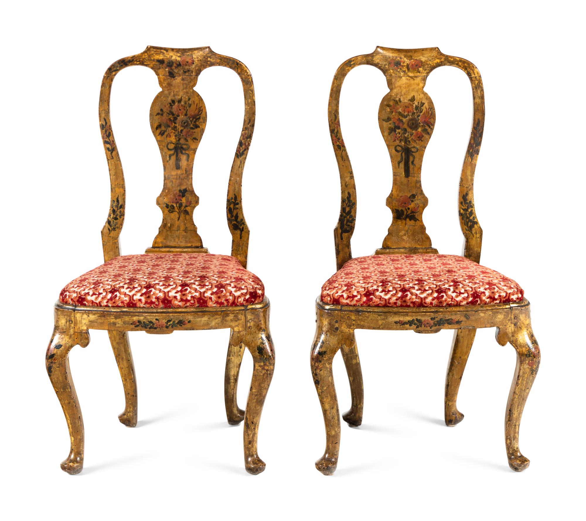 A Pair of North Italian Yellow and Polychrome Painted Side Chairs