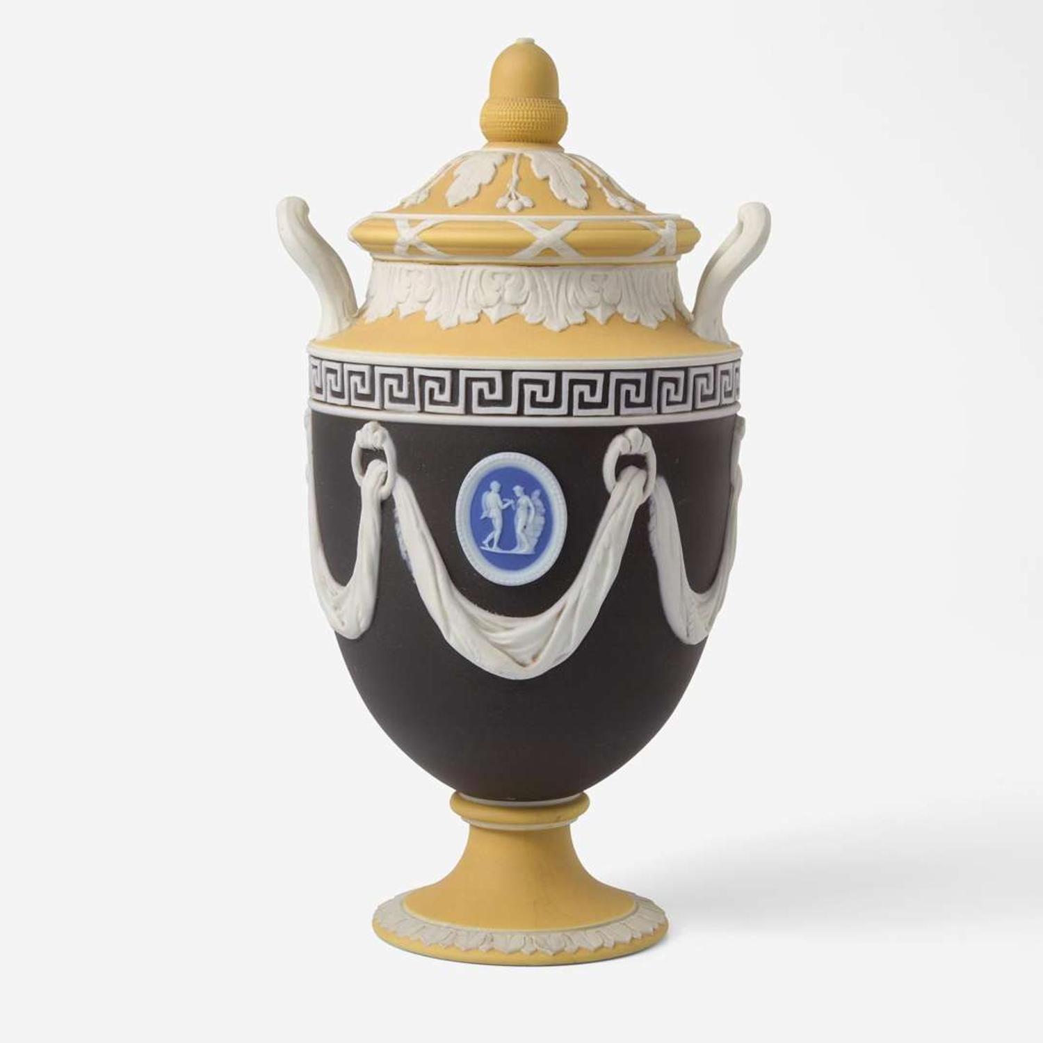 A Wedgwood Four Color Jasperware Covered Vase UK, circa 1910