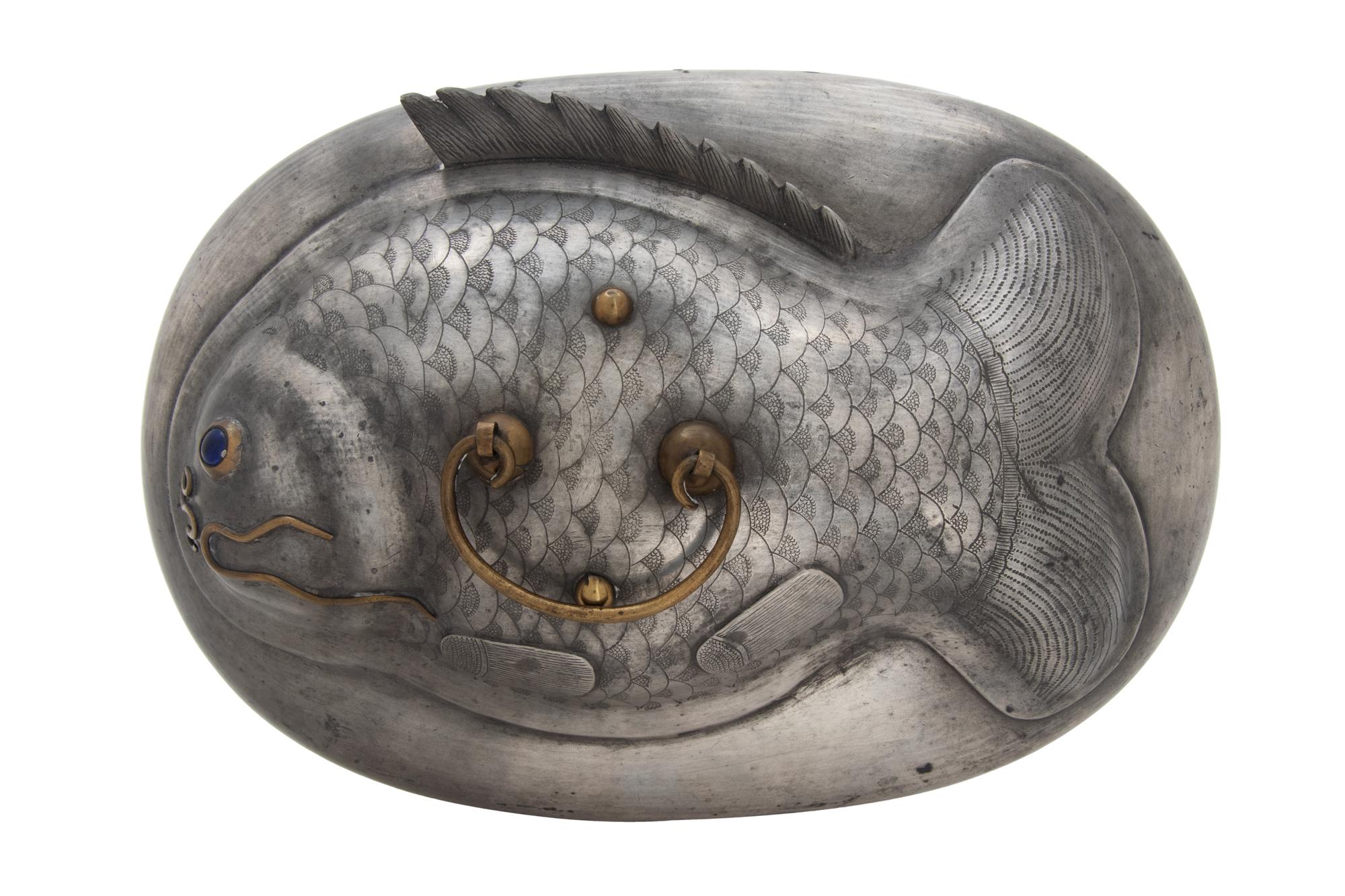 A Pewter Carp-Form Food Container