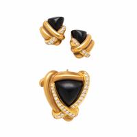 Marlene Stowe, Onyx, Diamond, and Yellow Gold Pendant Brooch and Earrings