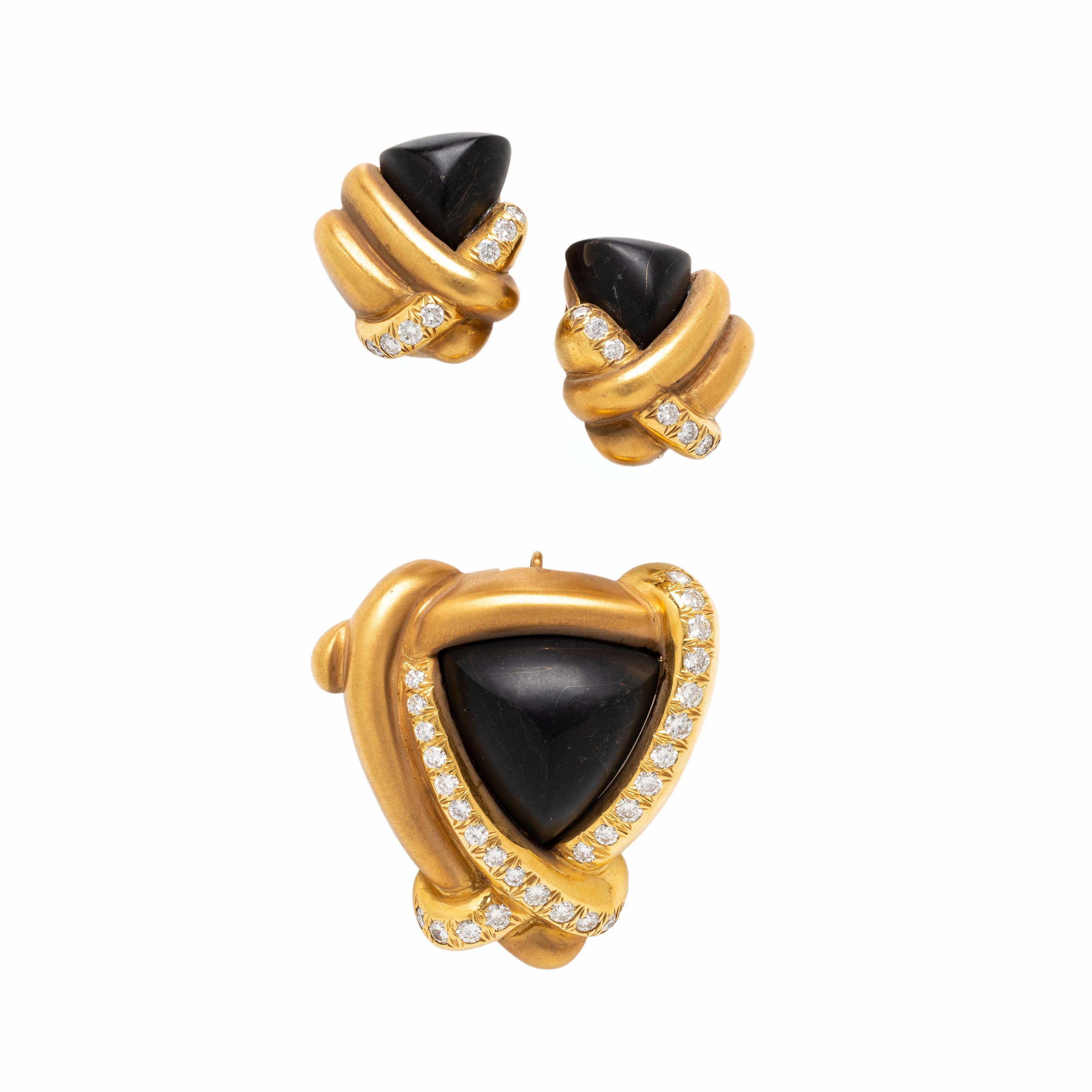 Marlene Stowe, Onyx, Diamond, and Yellow Gold Pendant Brooch and Earrings